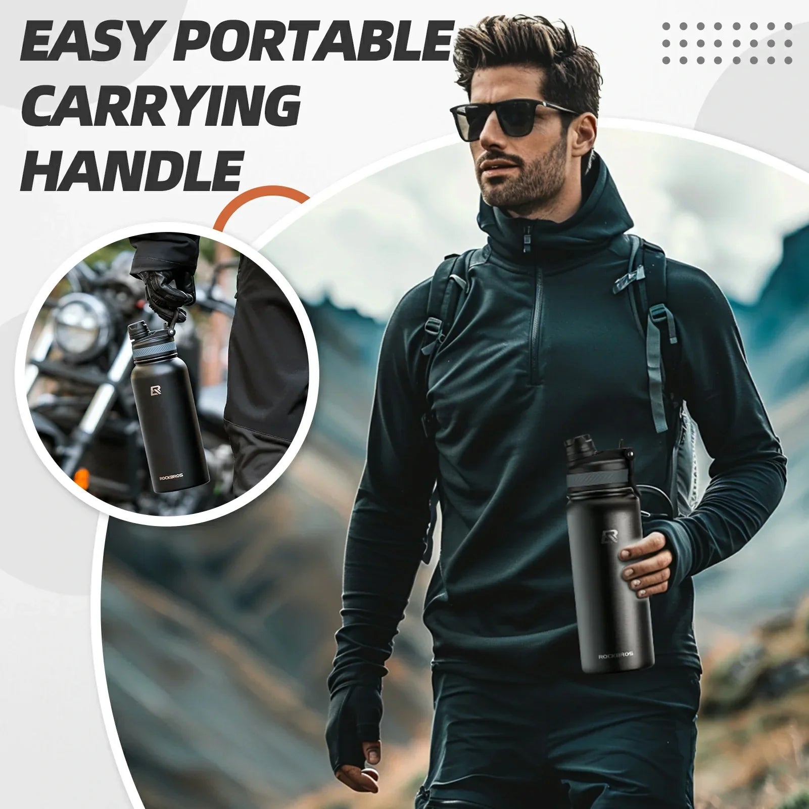 ROCKBROS Stainless Steel Insulated Water Bottle with Straw