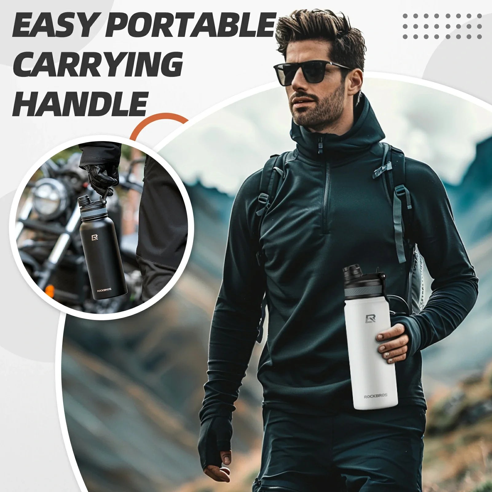 ROCKBROS Stainless Steel Insulated Water Bottle with Straw