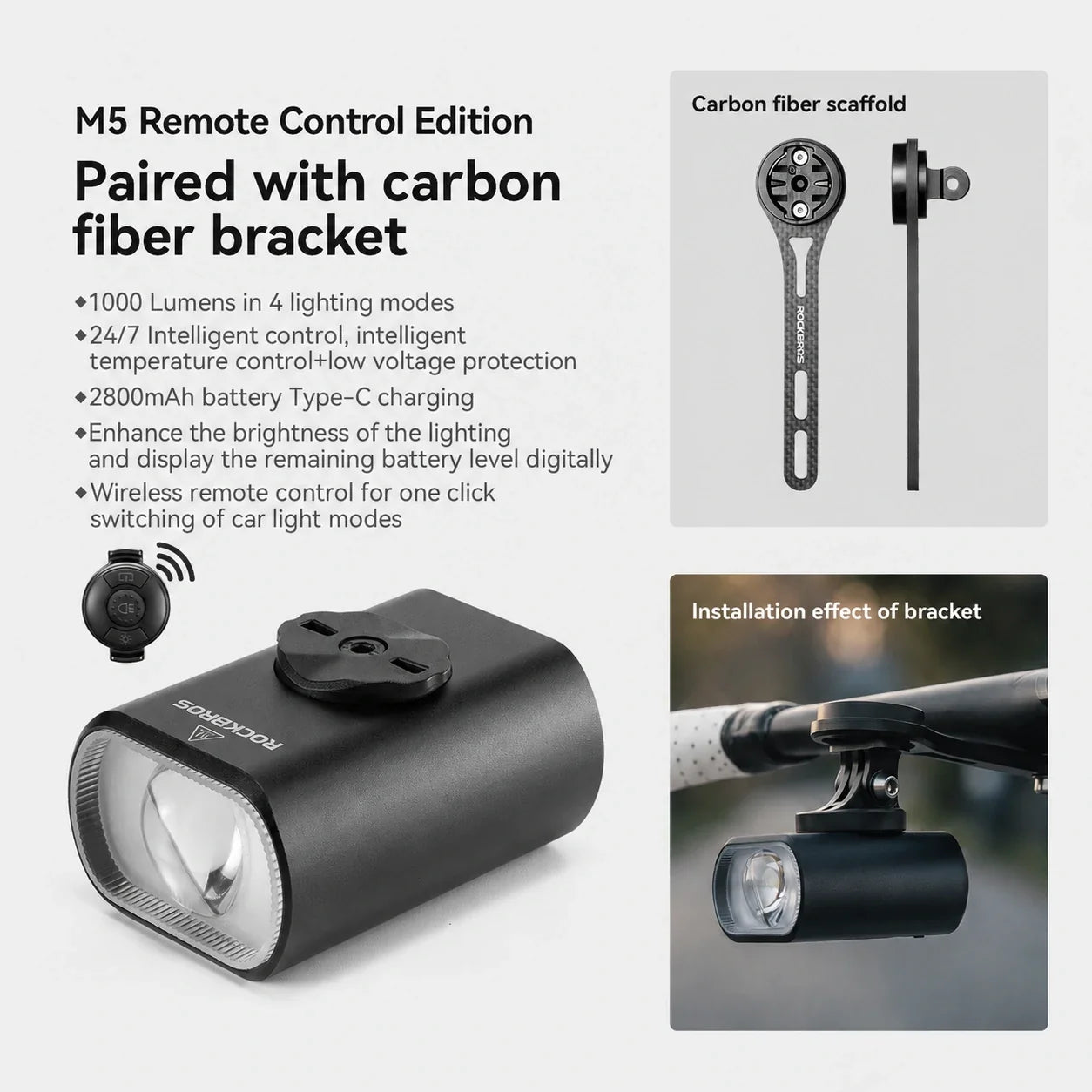 M5 Smart Bike Headlight 1000LM with Digital Display & Remote Control