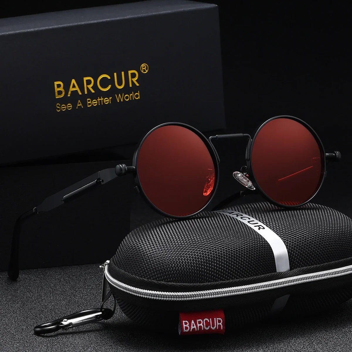 BARCUR Polarized Round Steampunk Sunglasses for Men – Retro  display picture 1