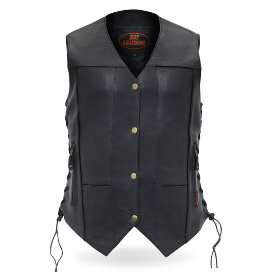 VSL1008 Ladies Black Motorcycle 'Ten Pocket' Leather Biker Vest