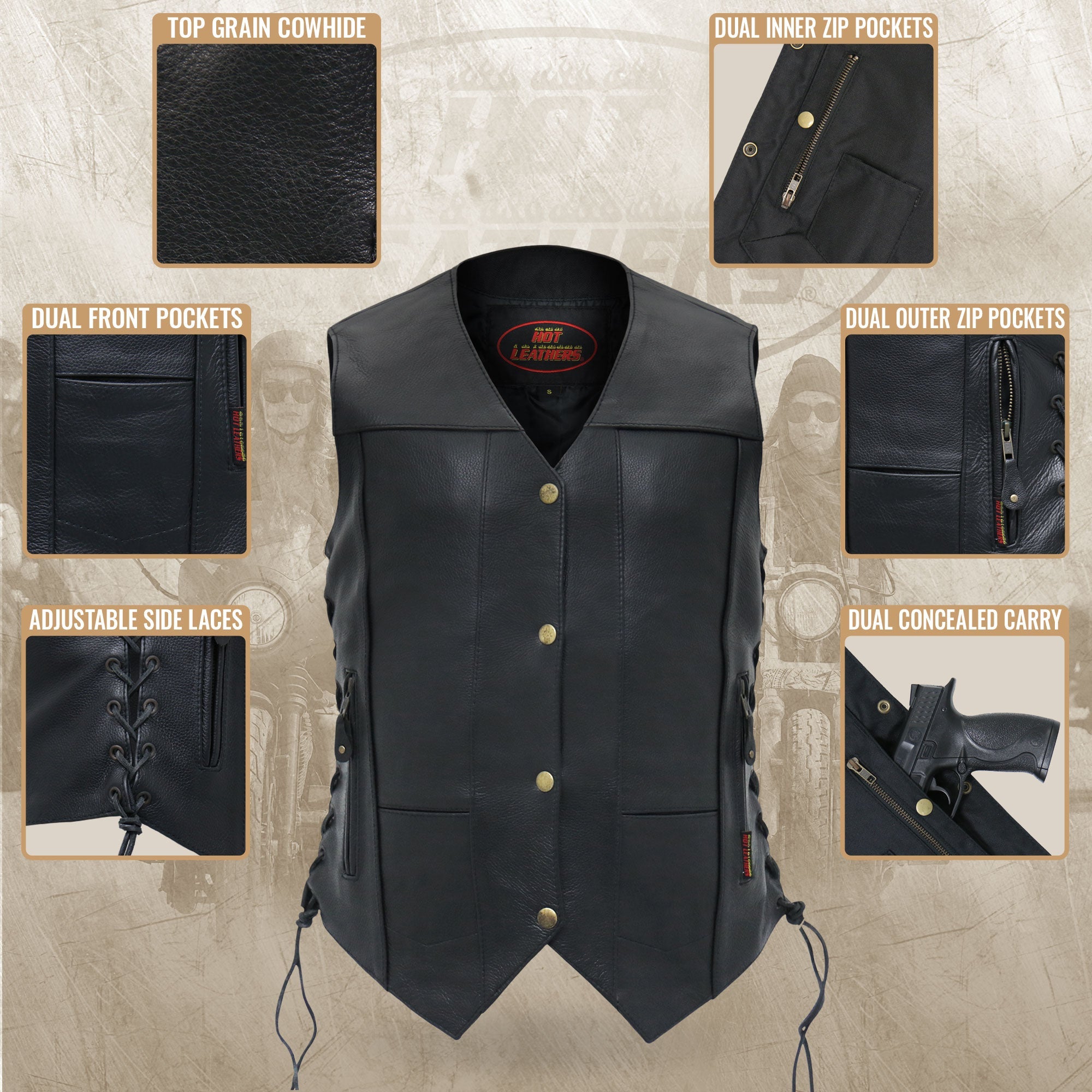 VSL1008 Ladies Black Motorcycle 'Ten Pocket' Leather Biker Vest