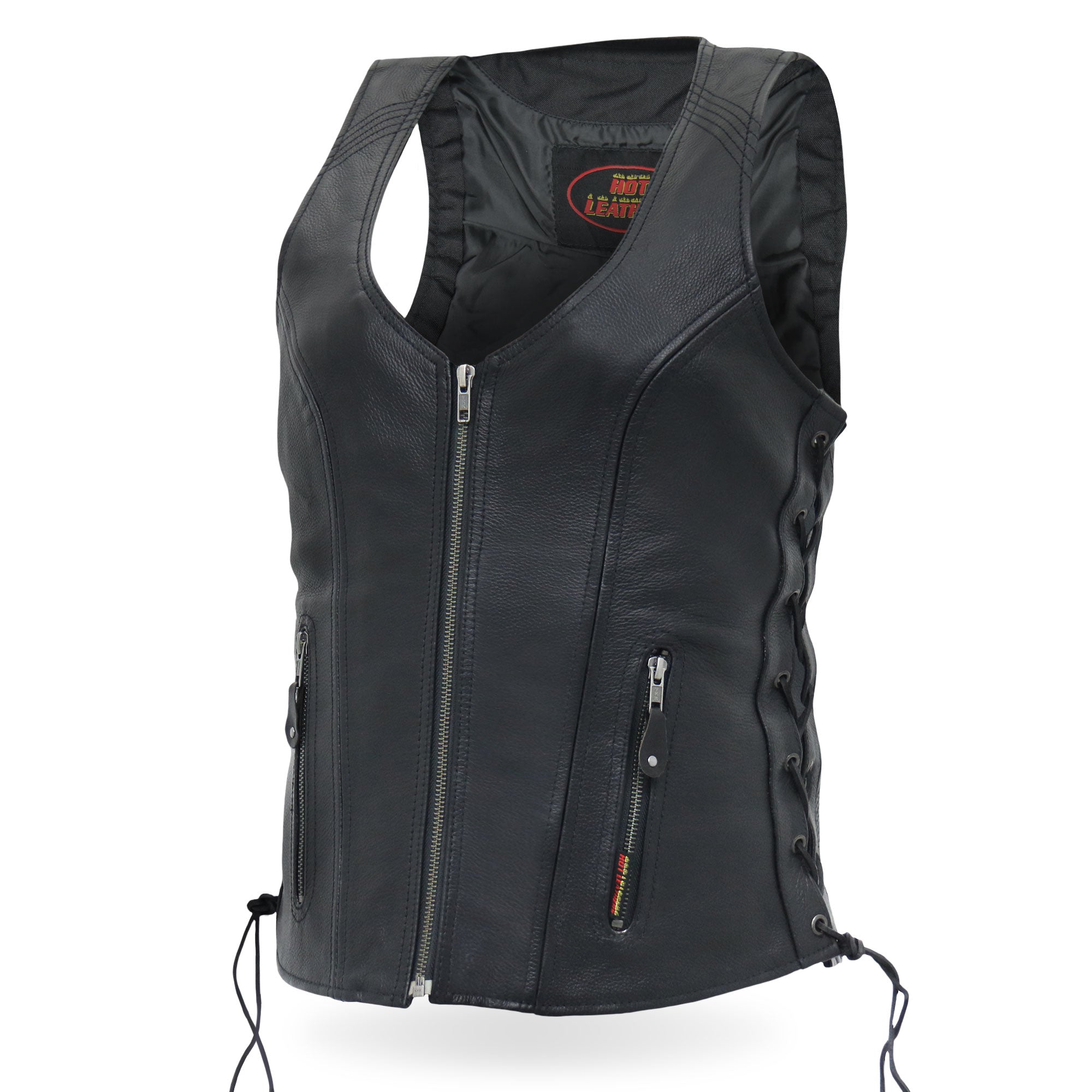 VSL1013 Ladies motorcycle style Black Leather Side Lace Zip-Up Biker Vest