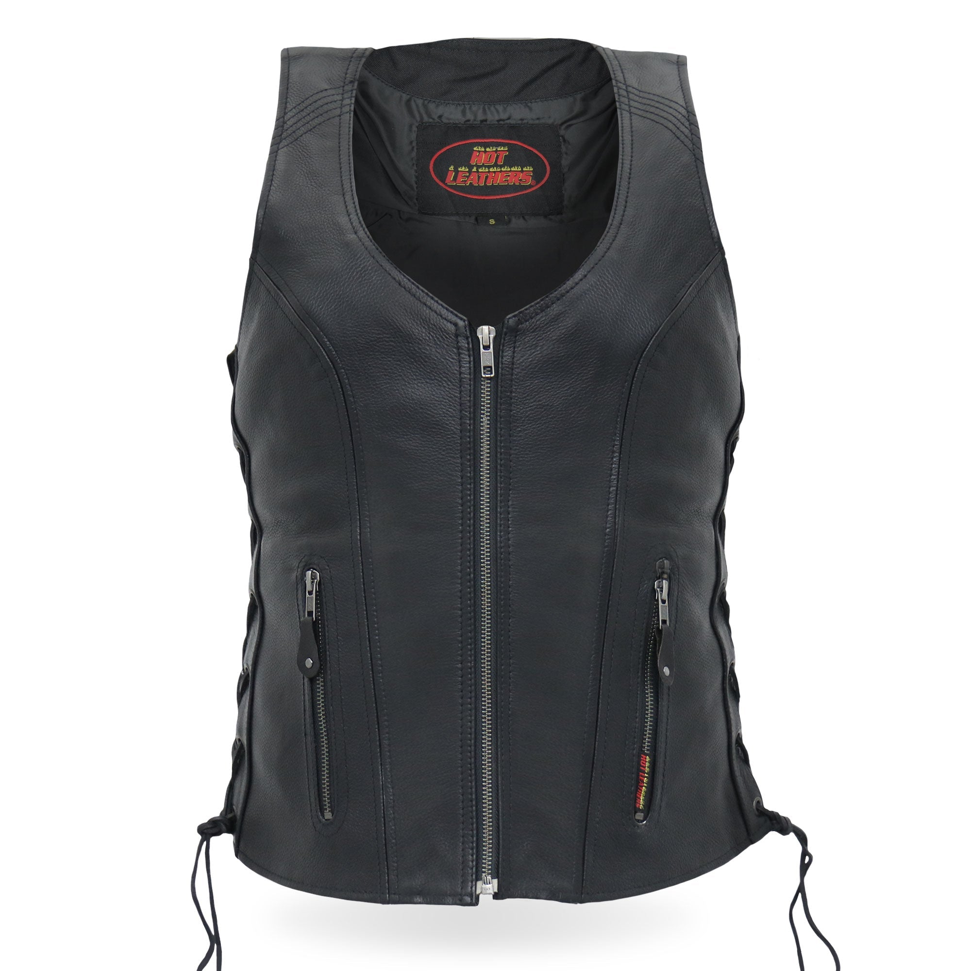 VSL1013 Ladies motorcycle style Black Leather Side Lace Zip-Up Biker Vest