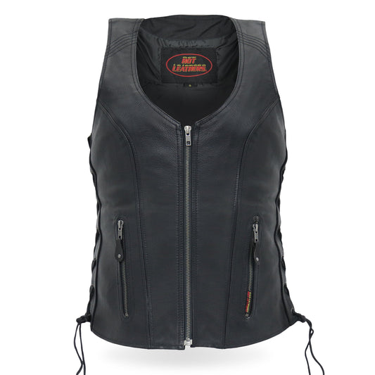 VSL1013 Ladies motorcycle style Black Leather Side Lace Zip-Up Biker Vest