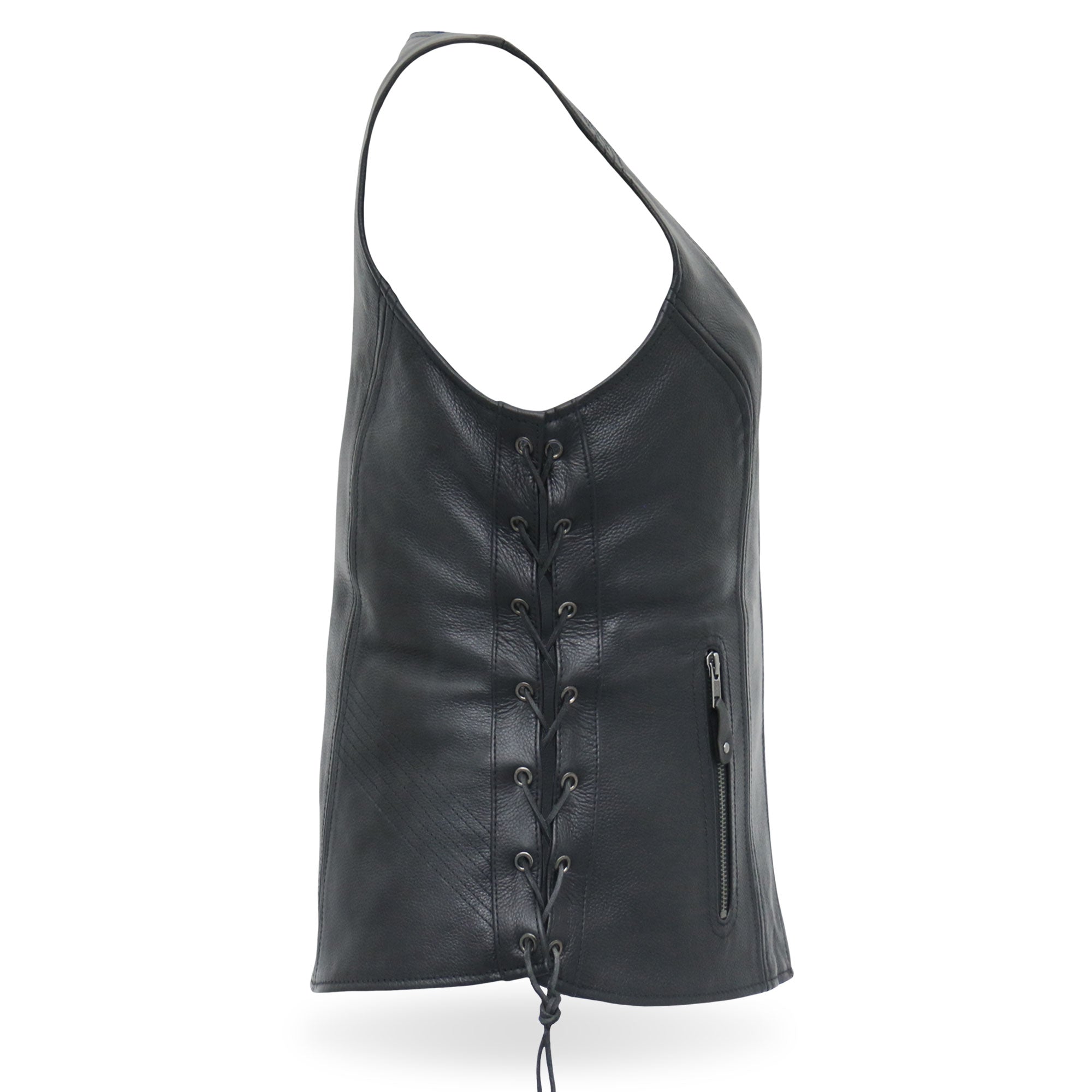 VSL1013 Ladies motorcycle style Black Leather Side Lace Zip-Up Biker Vest