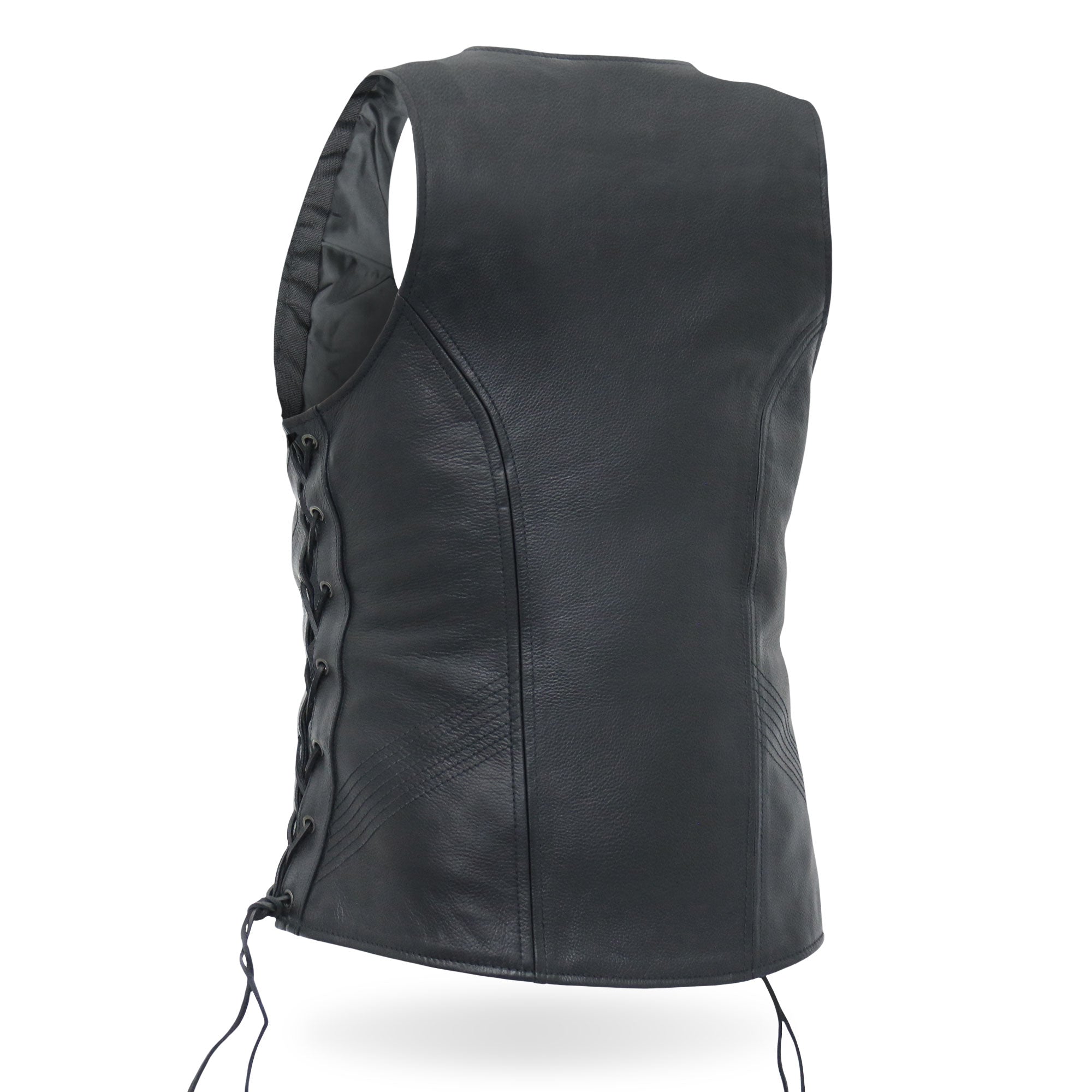 VSL1013 Ladies motorcycle style Black Leather Side Lace Zip-Up Biker Vest