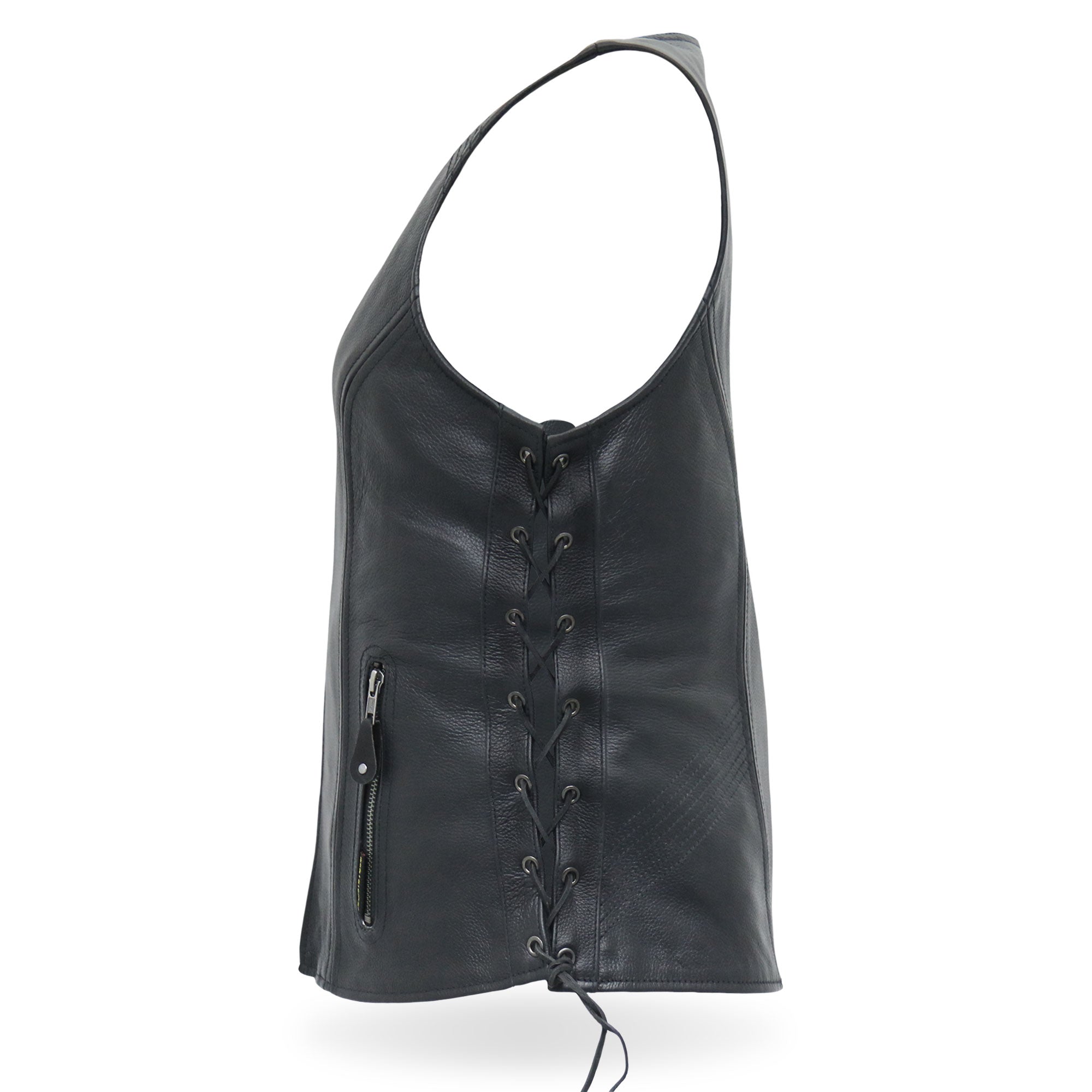 VSL1013 Ladies motorcycle style Black Leather Side Lace Zip-Up Biker Vest