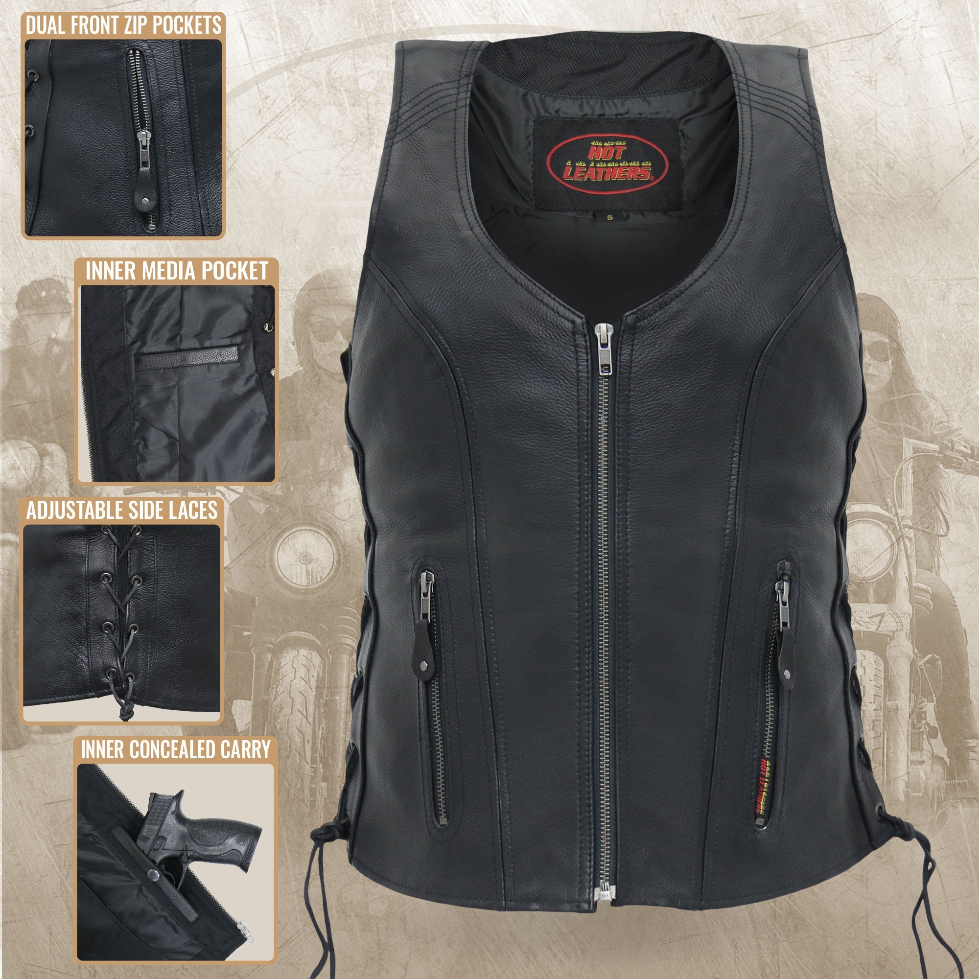 VSL1013 Ladies motorcycle style Black Leather Side Lace Zip-Up Biker Vest