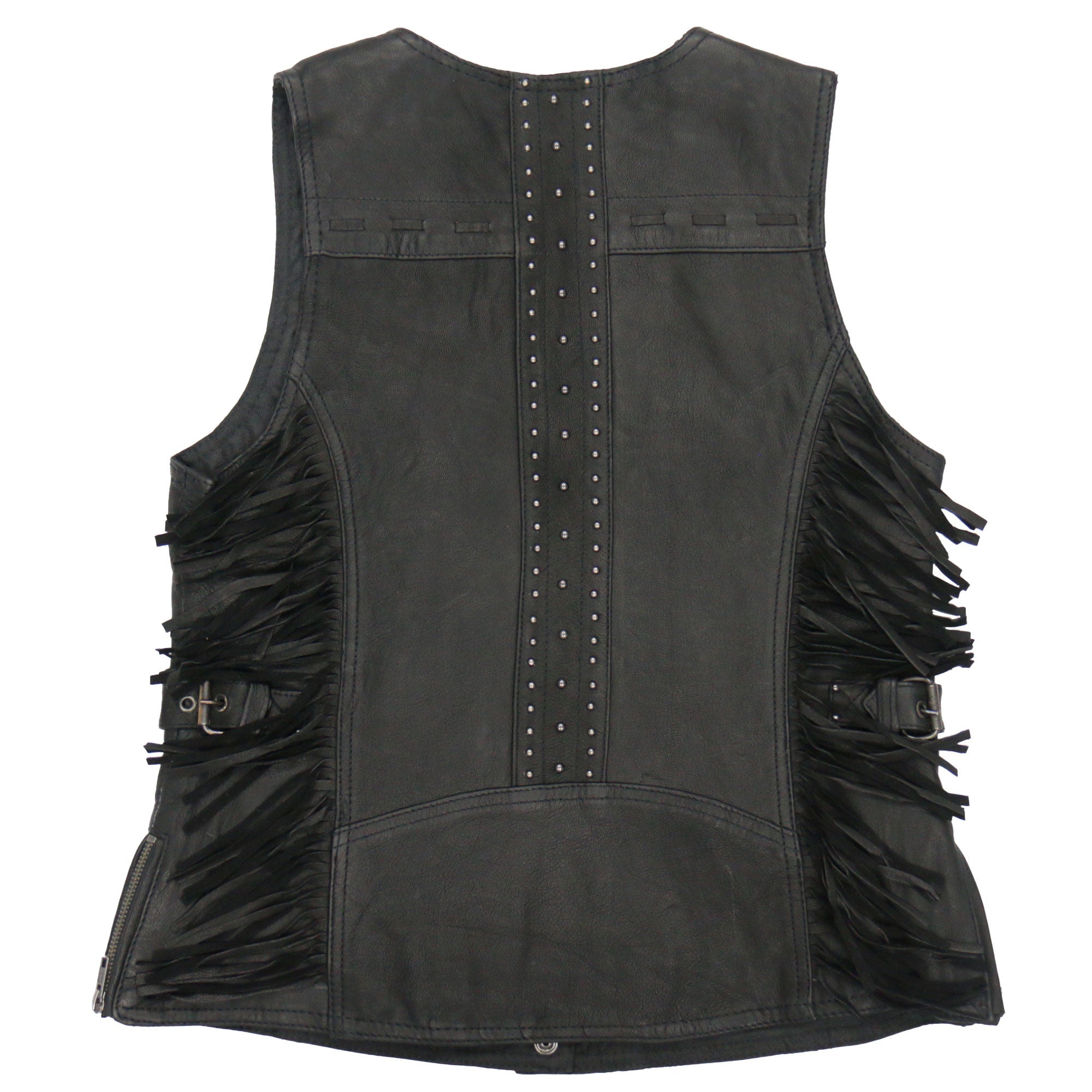 VSL1014 Ladies Motorcycle style Black Leather Biker Vest with Fringe