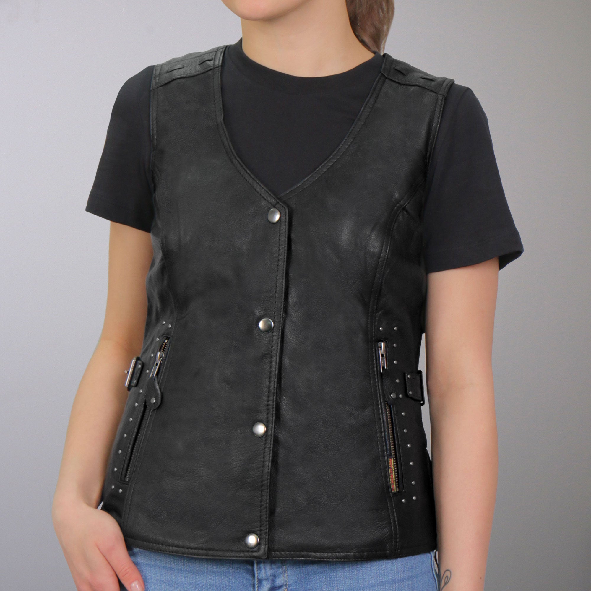 VSL1014 Ladies Motorcycle style Black Leather Biker Vest with Fringe