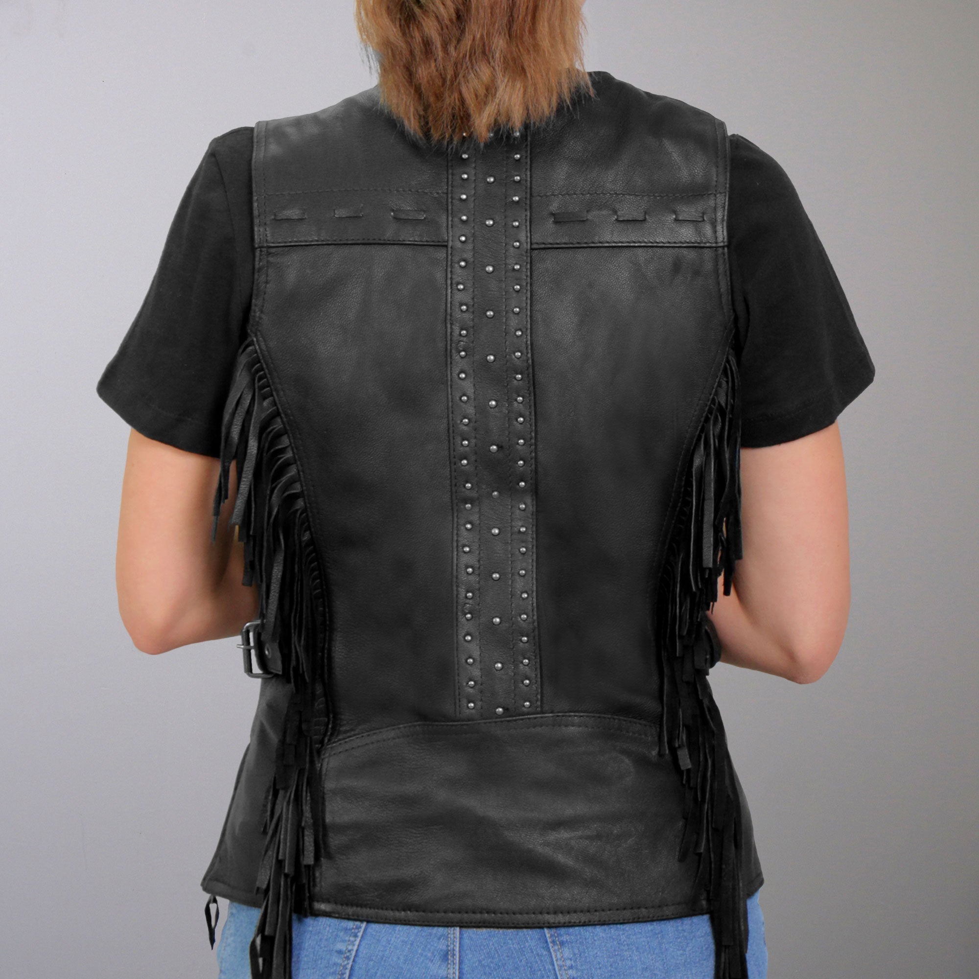 VSL1014 Ladies Motorcycle style Black Leather Biker Vest with Fringe