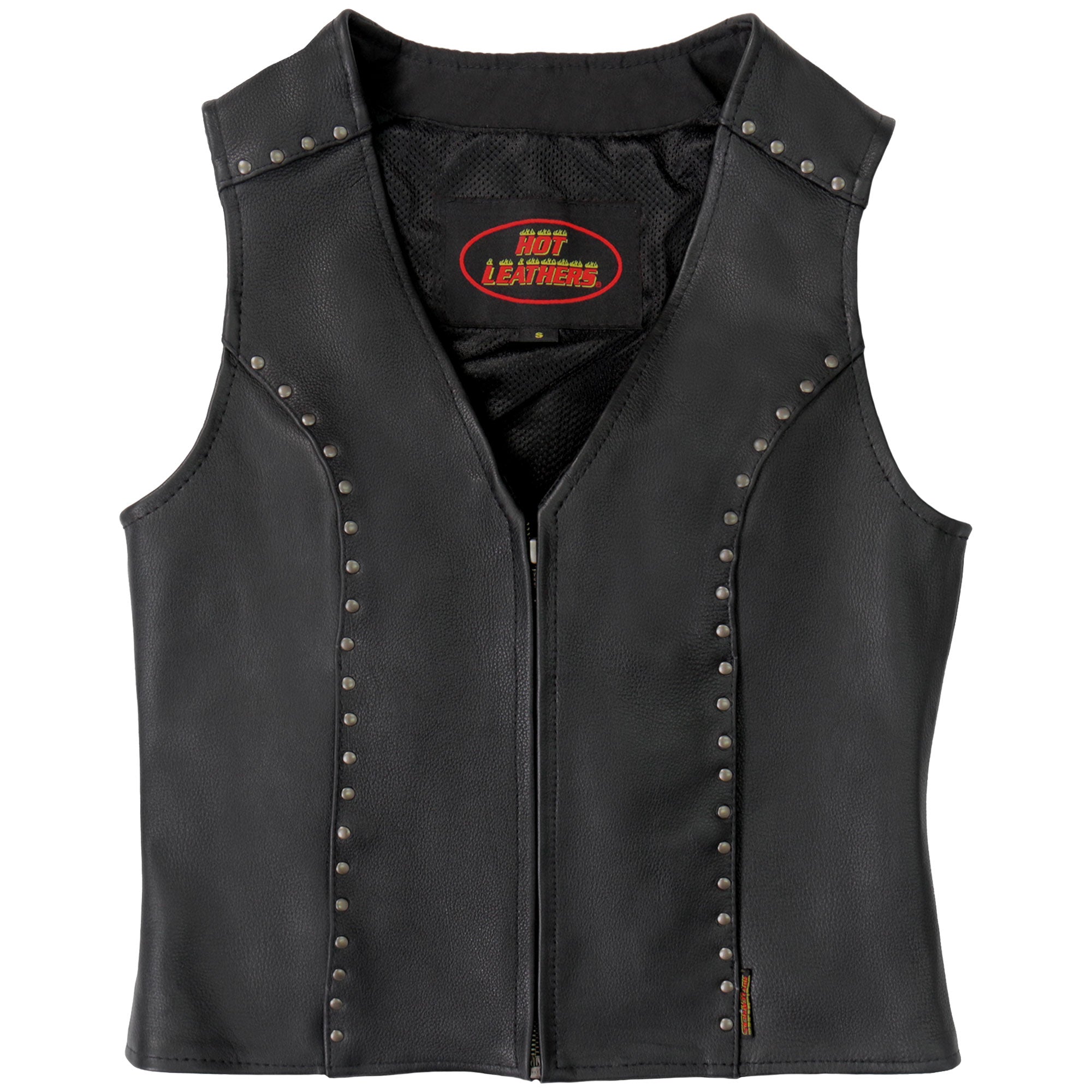 VSL1015 Ladies Studded Black Motorcycle style Leather Biker Vest with V-Neck Design