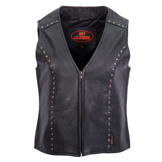 VSL1015 Ladies Studded Black Motorcycle style Leather Biker Vest with V-Neck Design