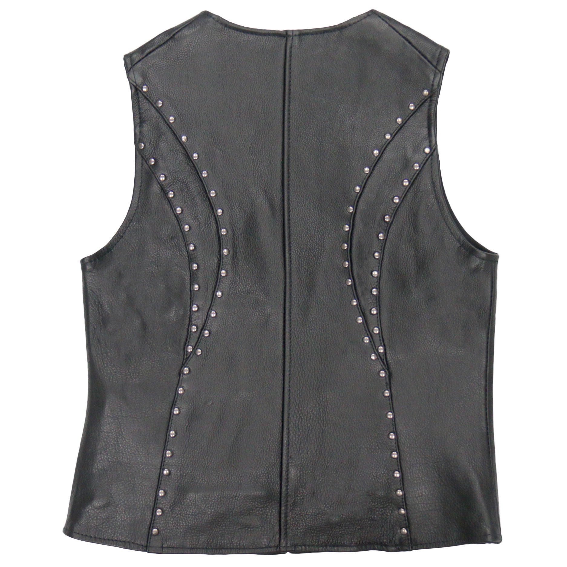 VSL1015 Ladies Studded Black Motorcycle style Leather Biker Vest with V-Neck Design