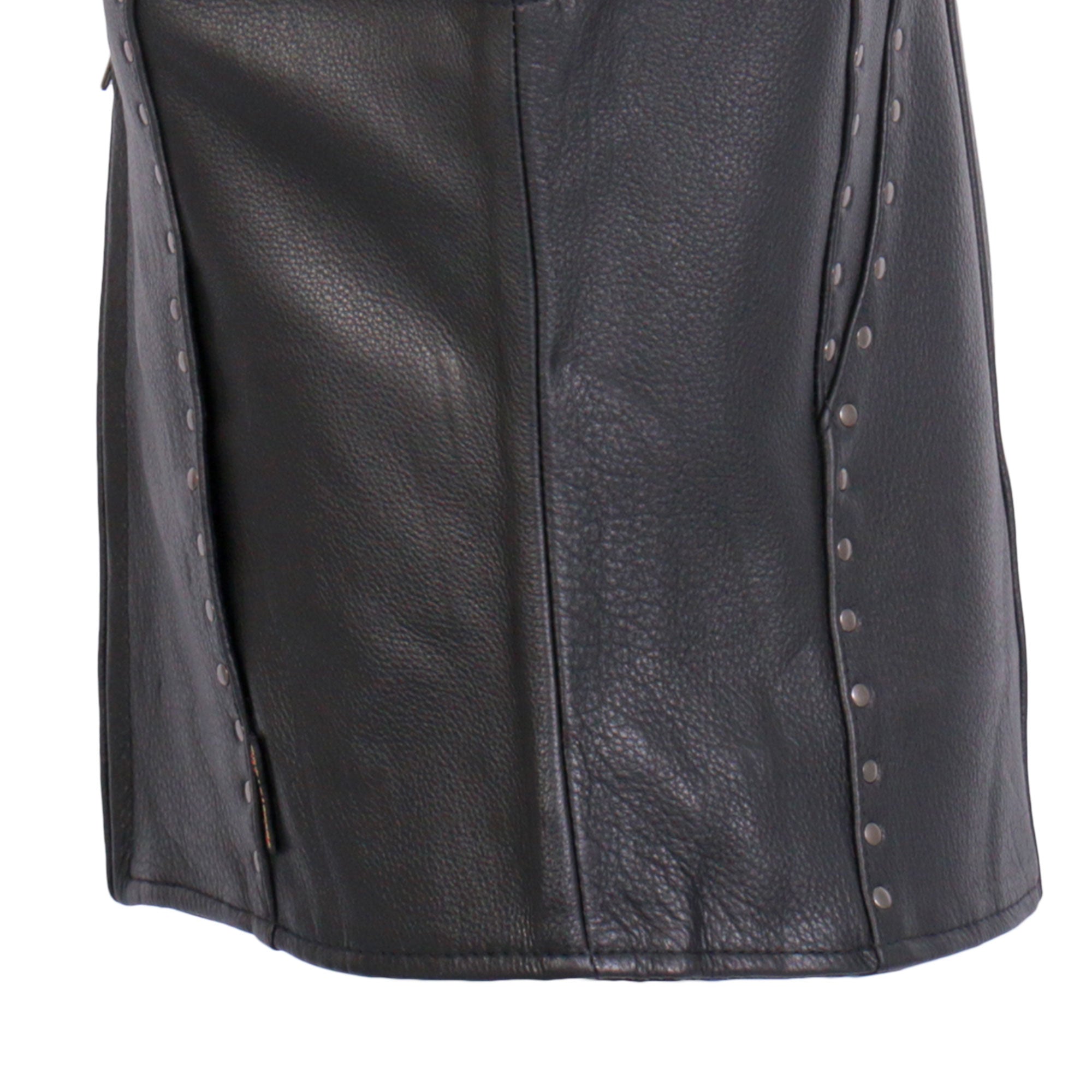 VSL1015 Ladies Studded Black Motorcycle style Leather Biker Vest with V-Neck Design