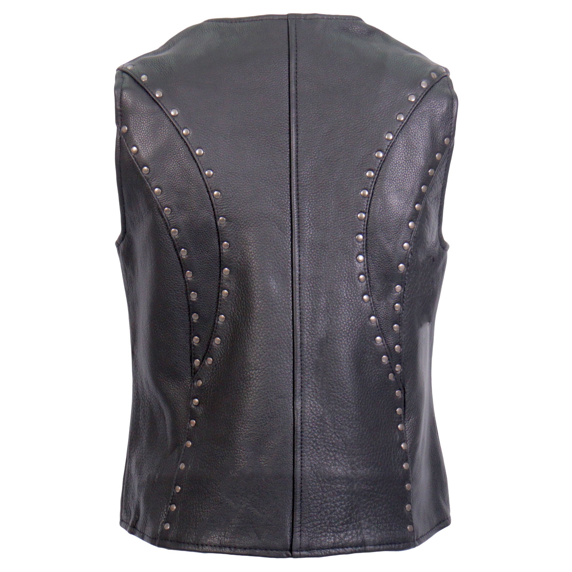 VSL1015 Ladies Studded Black Motorcycle style Leather Biker Vest with V-Neck Design