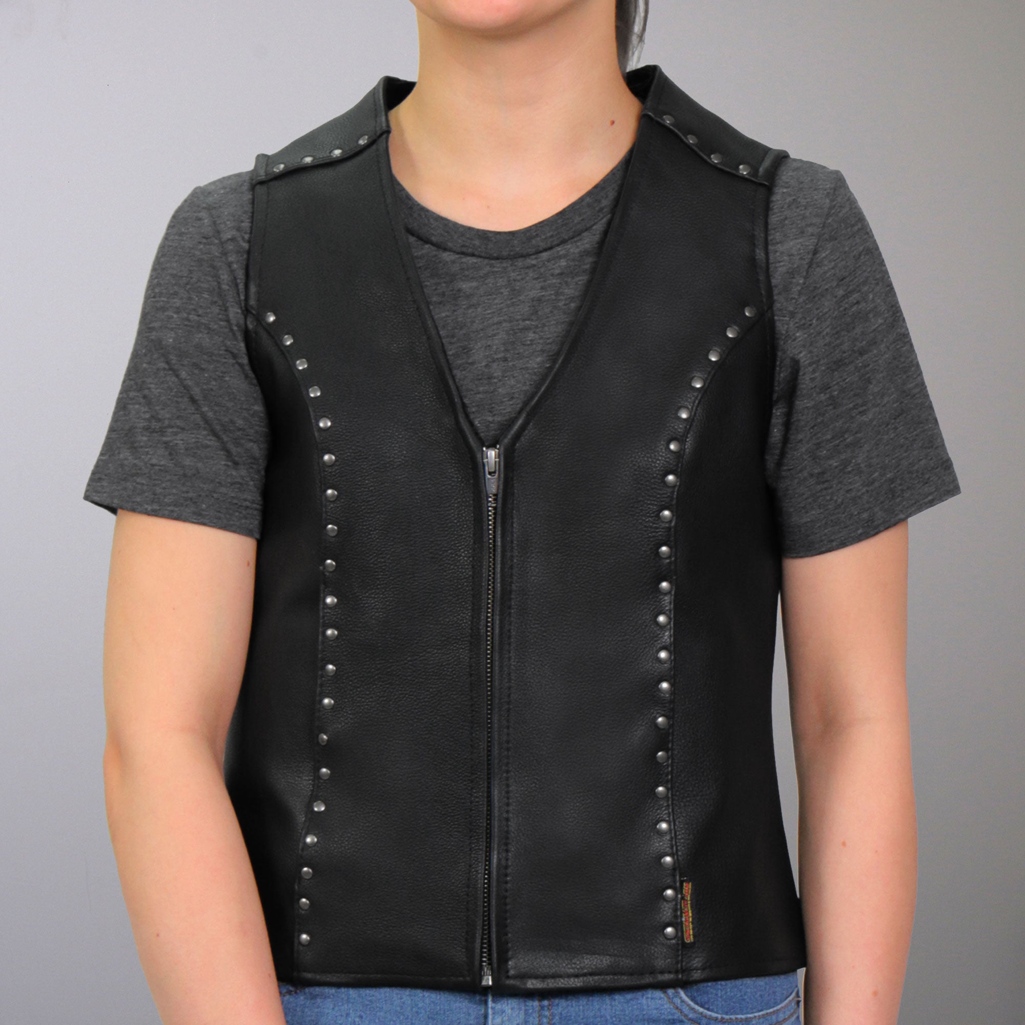 VSL1015 Ladies Studded Black Motorcycle style Leather Biker Vest with V-Neck Design