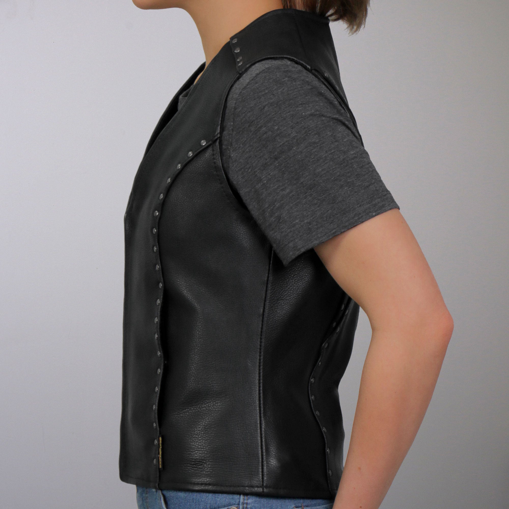 VSL1015 Ladies Studded Black Motorcycle style Leather Biker Vest with V-Neck Design