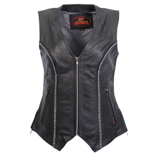 VSL1016 Ladies Biker 'Rhinestone' Black Leather Motorcycle Vest