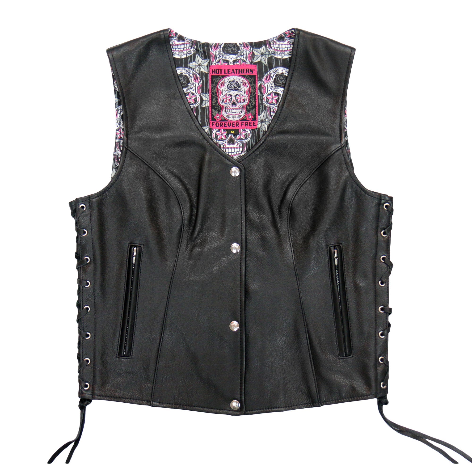 VSL1017 Ladies 'Sugar Skull' Lined Black Leather Motorcycle Biker Vest