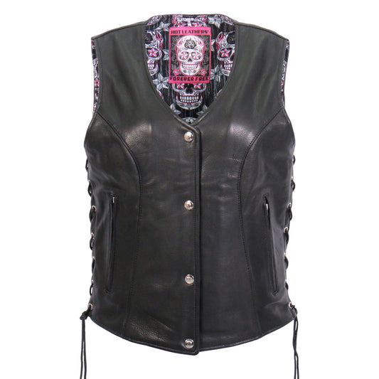 VSL1017 Ladies 'Sugar Skull' Lined Black Leather Motorcycle Biker Vest