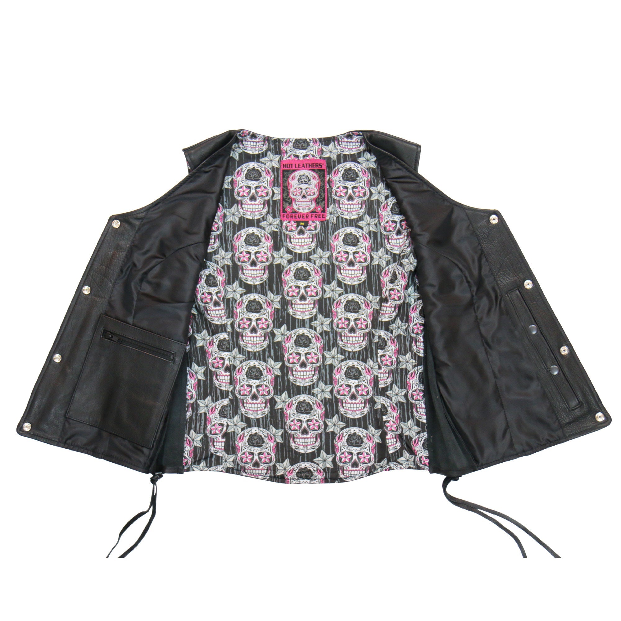 VSL1017 Ladies 'Sugar Skull' Lined Black Leather Motorcycle Biker Vest