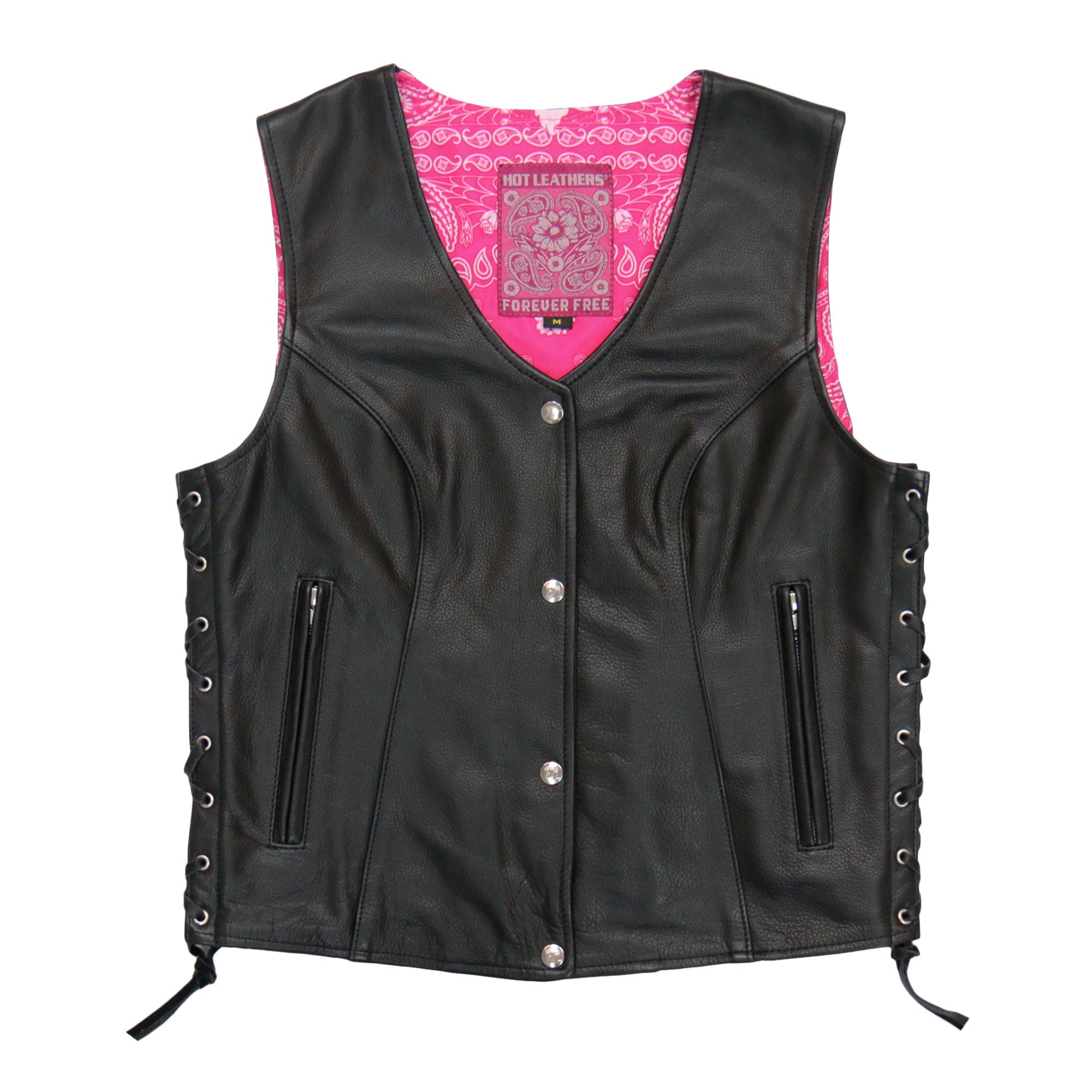 VSL1018 Ladies 'Pink Paisley' Lined Black Leather Motorcycle Biker Vest