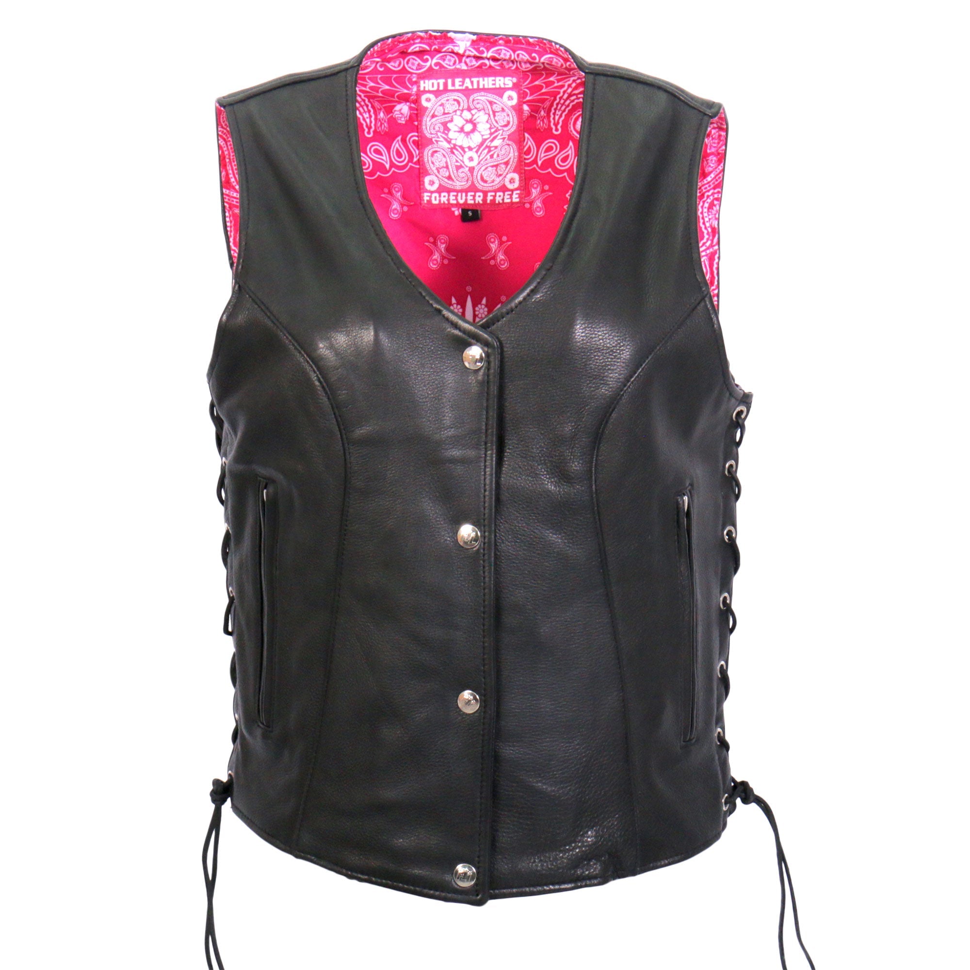 VSL1018 Ladies 'Pink Paisley' Lined Black Leather Motorcycle Biker Vest