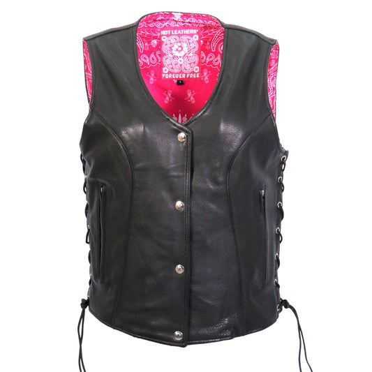 VSL1018 Ladies 'Pink Paisley' Lined Black Leather Motorcycle Biker Vest