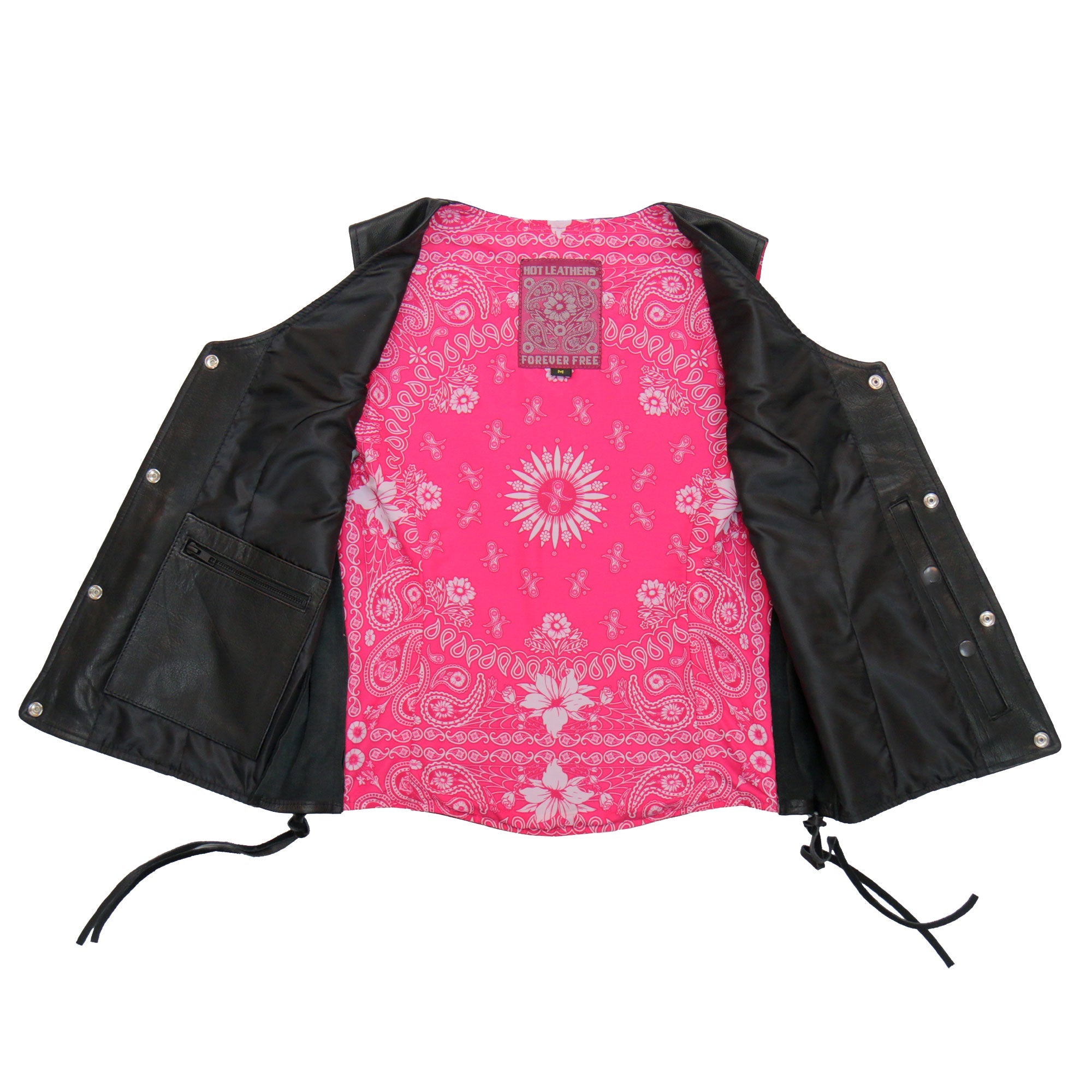VSL1018 Ladies 'Pink Paisley' Lined Black Leather Motorcycle Biker Vest