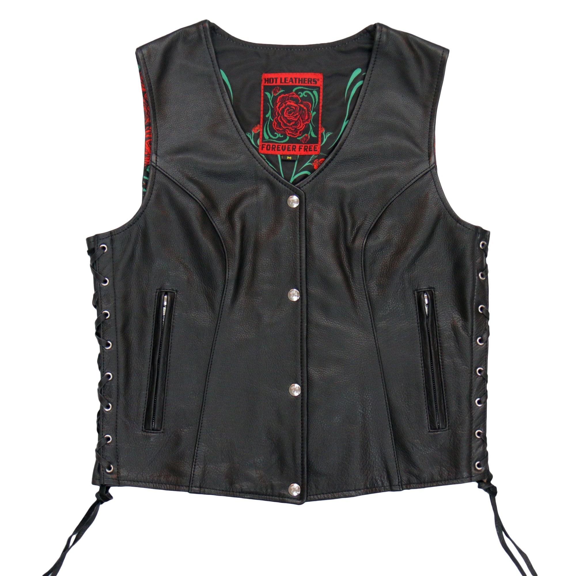 VSL1019 Ladies BIker 'Red Rose' Lined Black Leather Motorcycle Vest