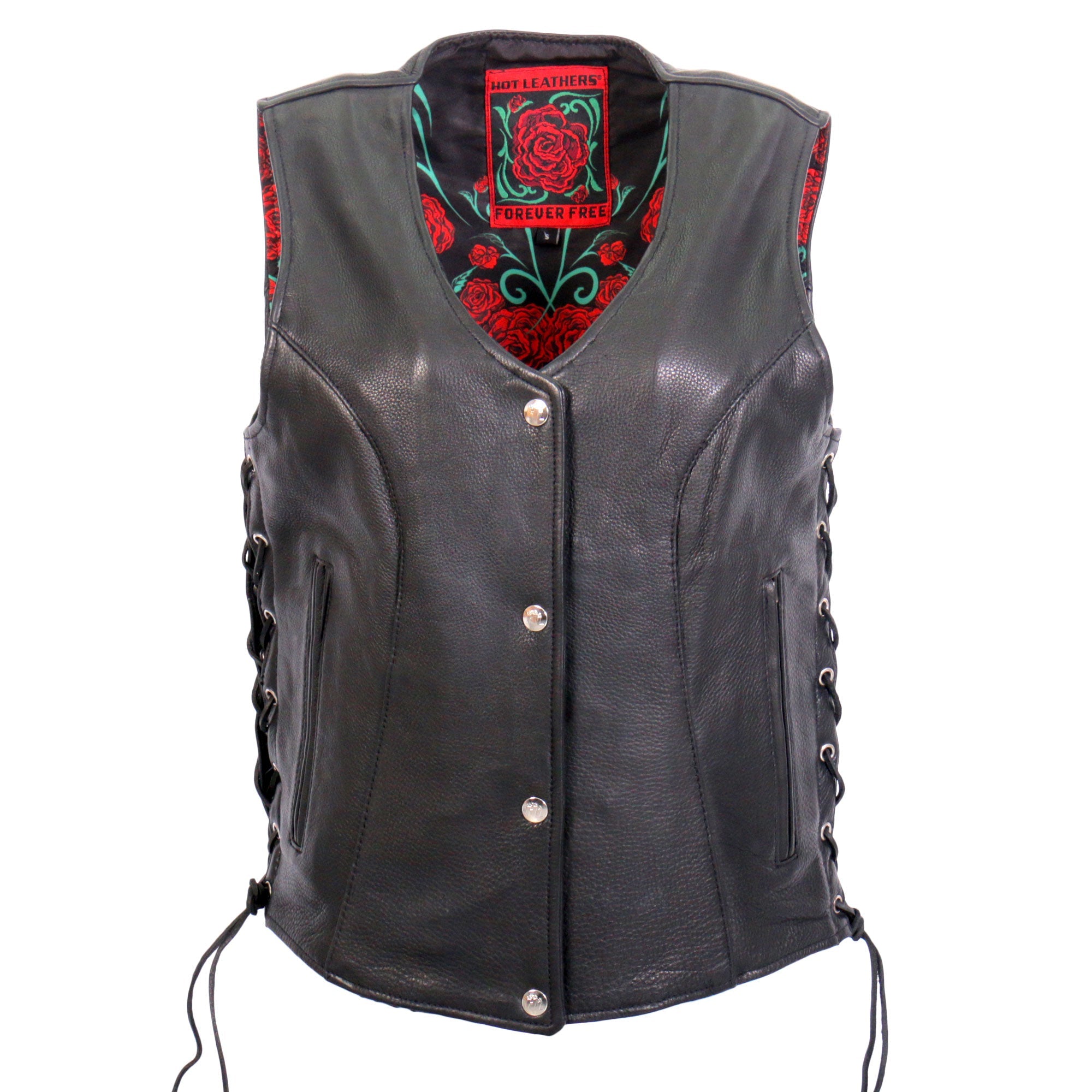 VSL1019 Ladies BIker 'Red Rose' Lined Black Leather Motorcycle Vest