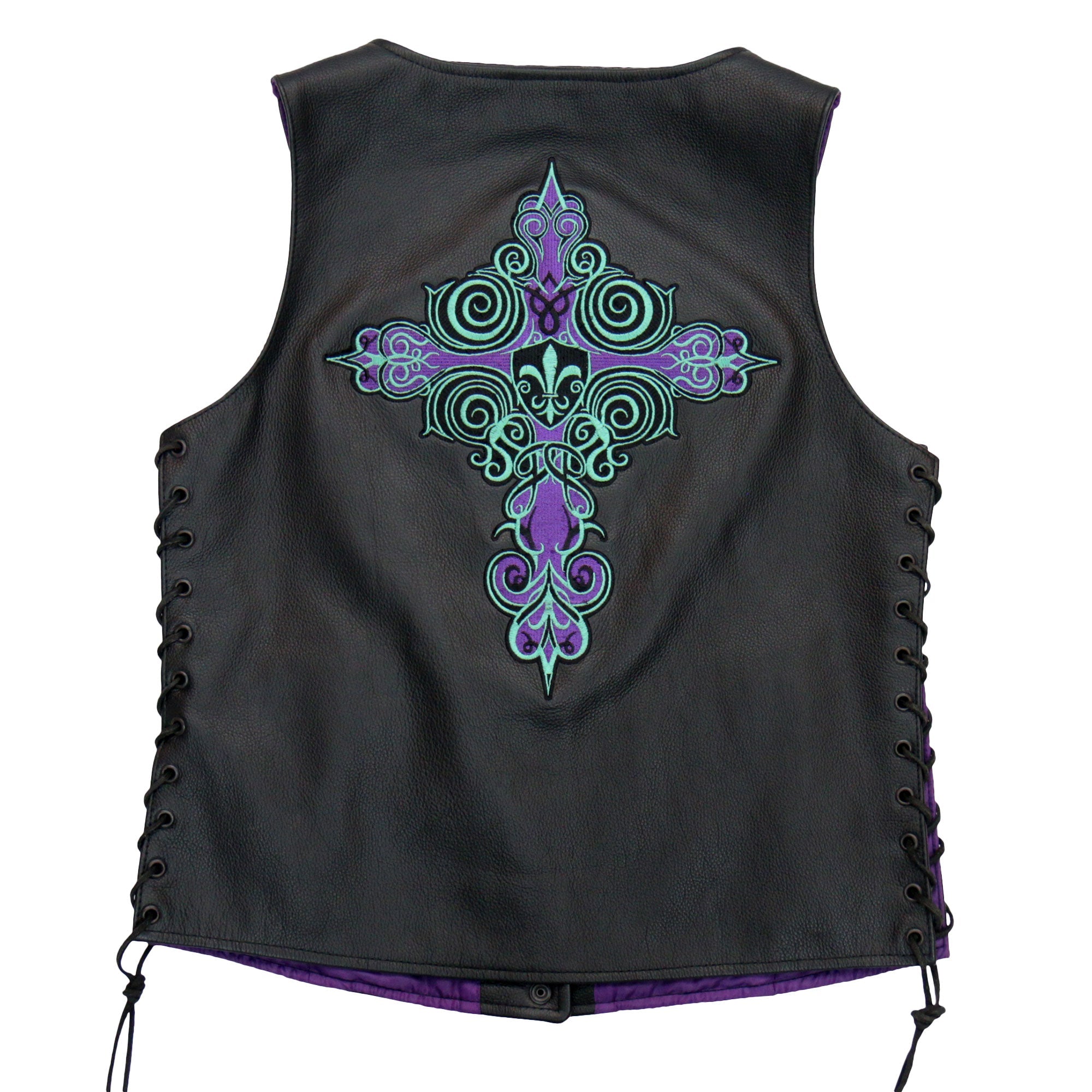 VSL2001 Ladies Black motorcycle style 'Fleur De Lis Cross' Leather Biker Vest