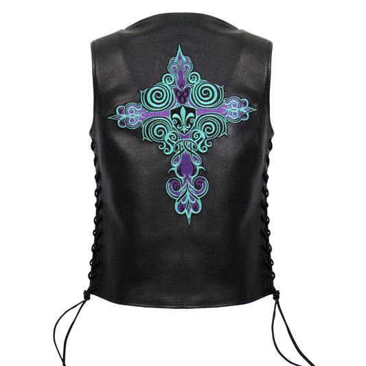 VSL2001 Ladies Black motorcycle style 'Fleur De Lis Cross' Leather Biker Vest
