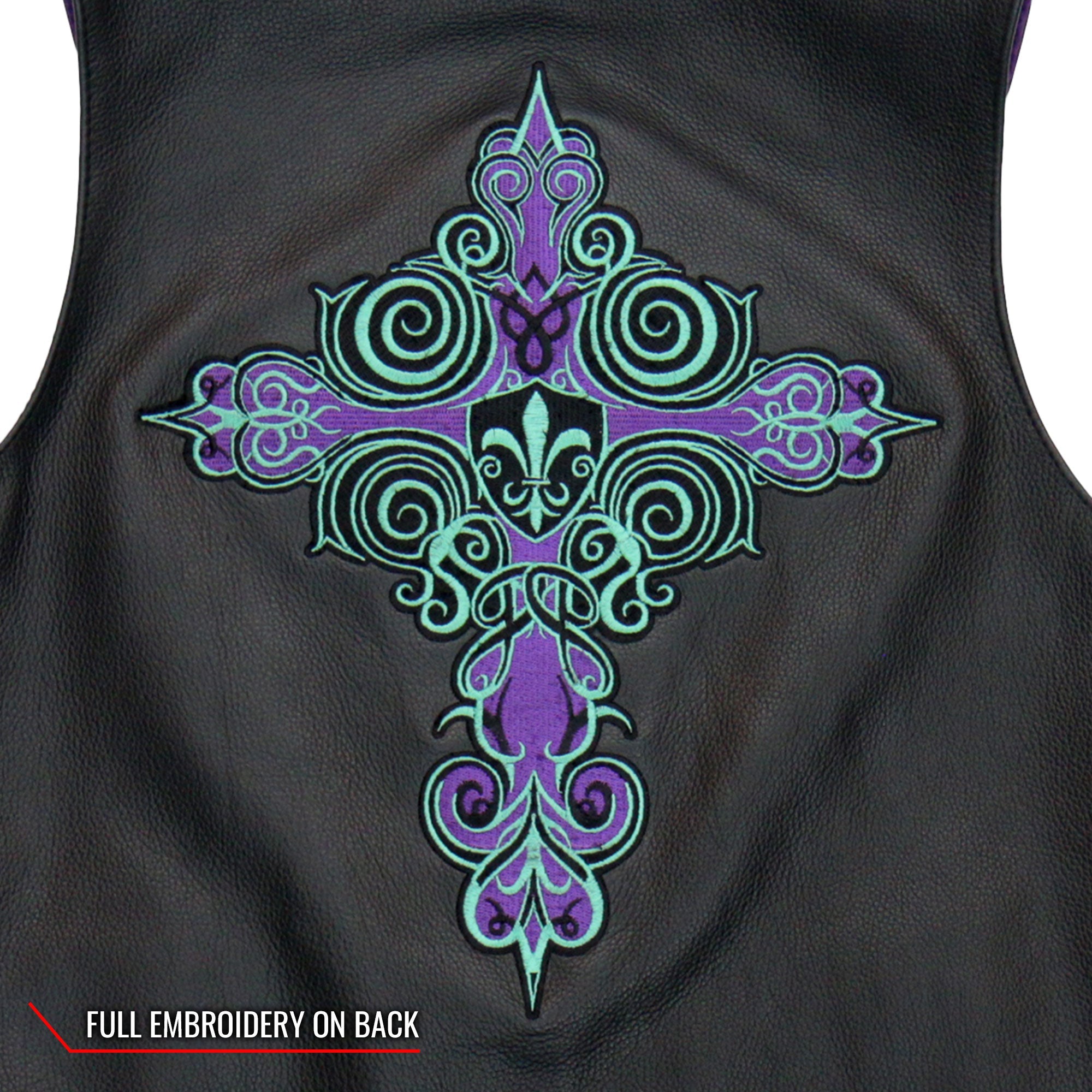 VSL2001 Ladies Black motorcycle style 'Fleur De Lis Cross' Leather Biker Vest