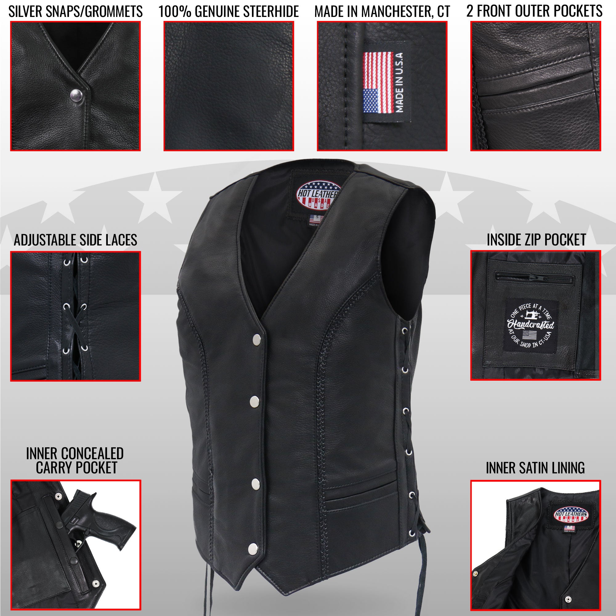 VSL5001 USA Made Ladies Braided Leather Motorcycle Biker Vest