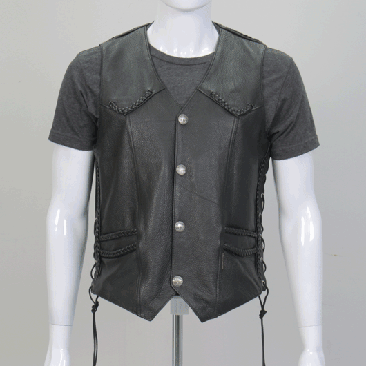 VSM1008 Men's Motorcycle Black 'Buffalo Nickel Snap' Leather Biker Vest