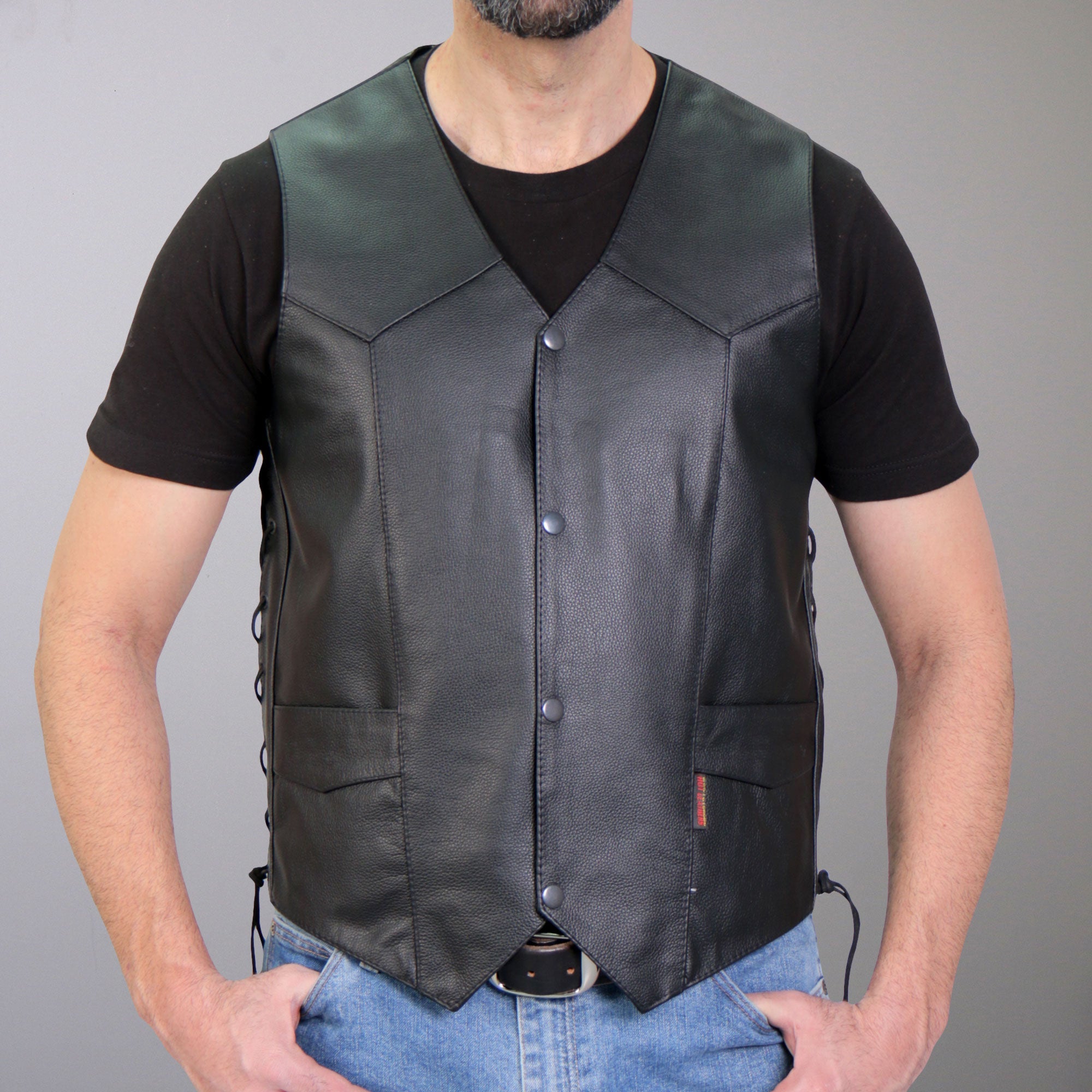 VSM1033 Men's Black Motorcycle 'Classic Side Lace' Leather Biker Vest