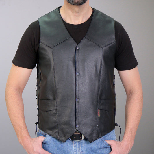 VSM1033 Men's Black Motorcycle 'Classic Side Lace' Leather Biker Vest