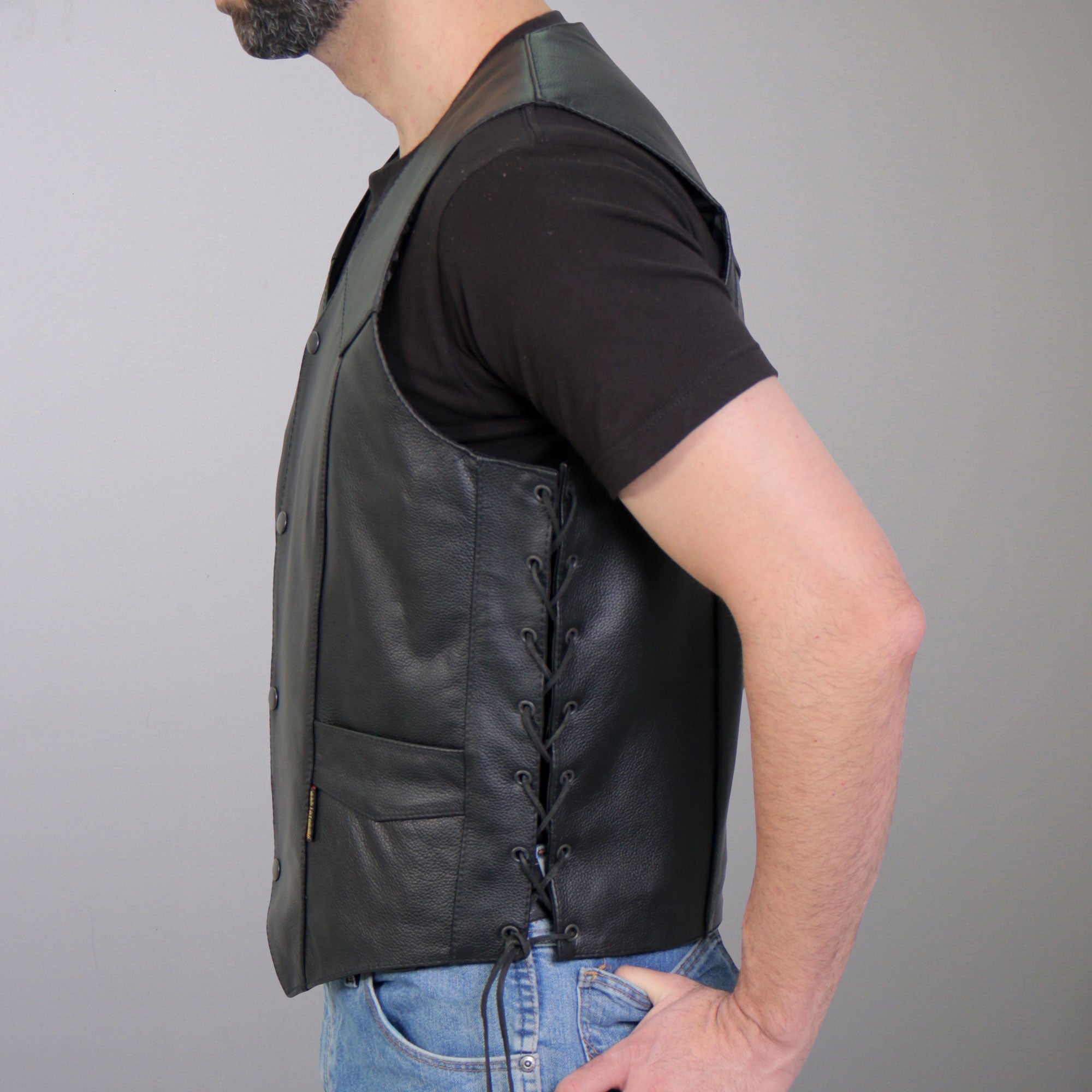 VSM1033 Men's Black Motorcycle 'Classic Side Lace' Leather Biker Vest