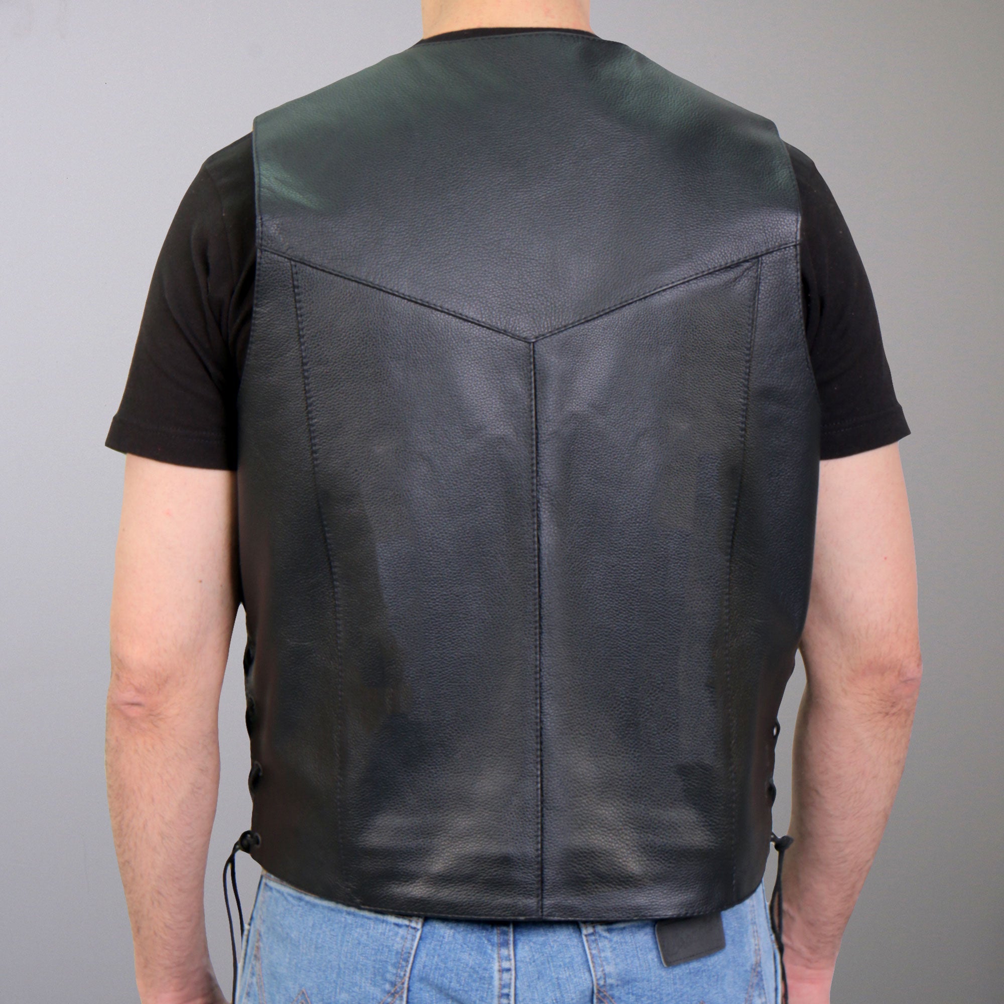 VSM1033 Men's Black Motorcycle 'Classic Side Lace' Leather Biker Vest