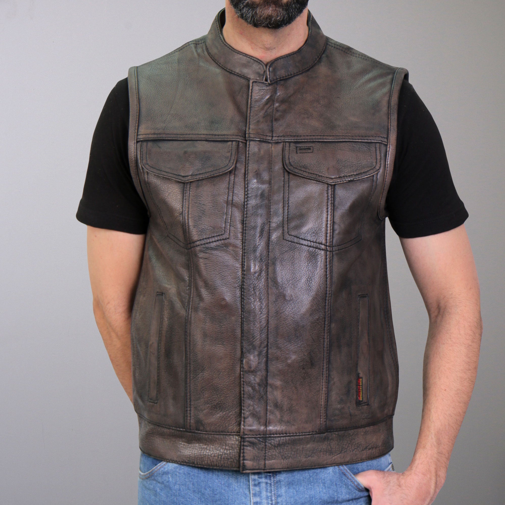 VSM1035 Men's Distressed Brown Motorcycle 'Conceal and Carry' Club Leather Biker Vest