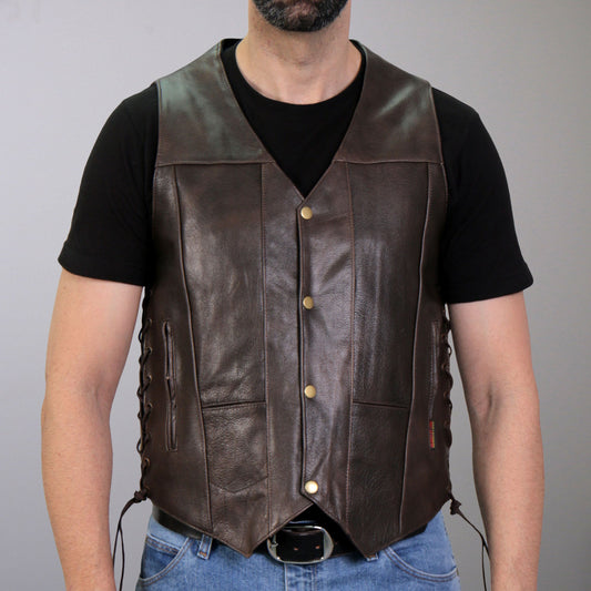 VSM1040 Men's Retro Brown Motorcycle style 'Side Lace' Leather Biker Vest