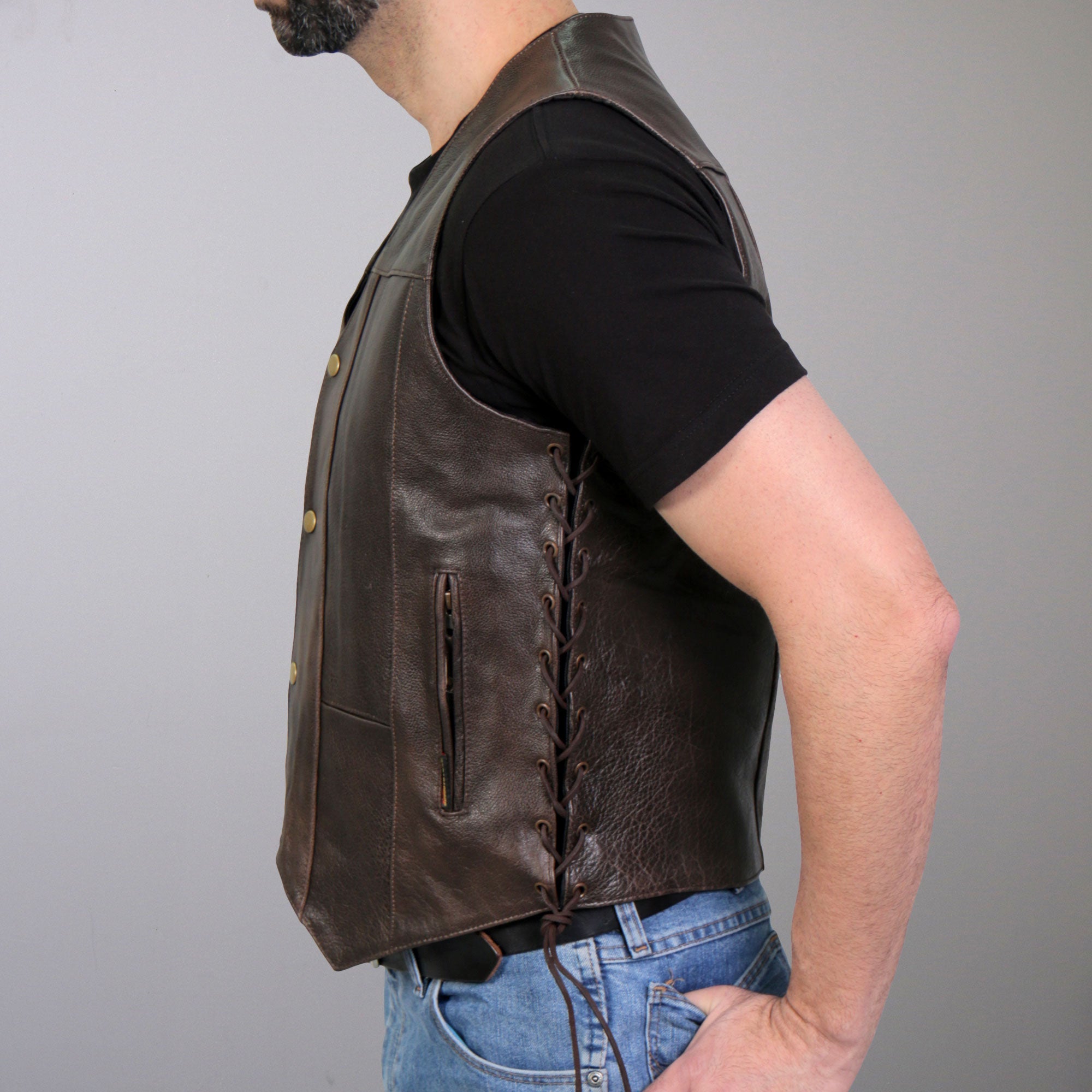 VSM1040 Men's Retro Brown Motorcycle style 'Side Lace' Leather Biker Vest