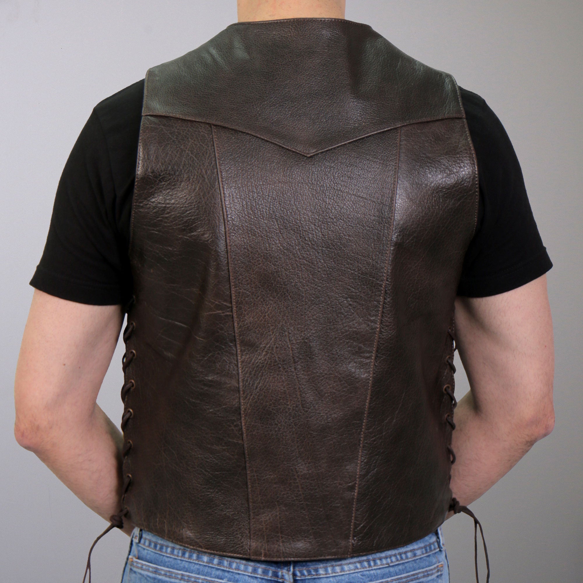 VSM1040 Men's Retro Brown Motorcycle style 'Side Lace' Leather Biker Vest