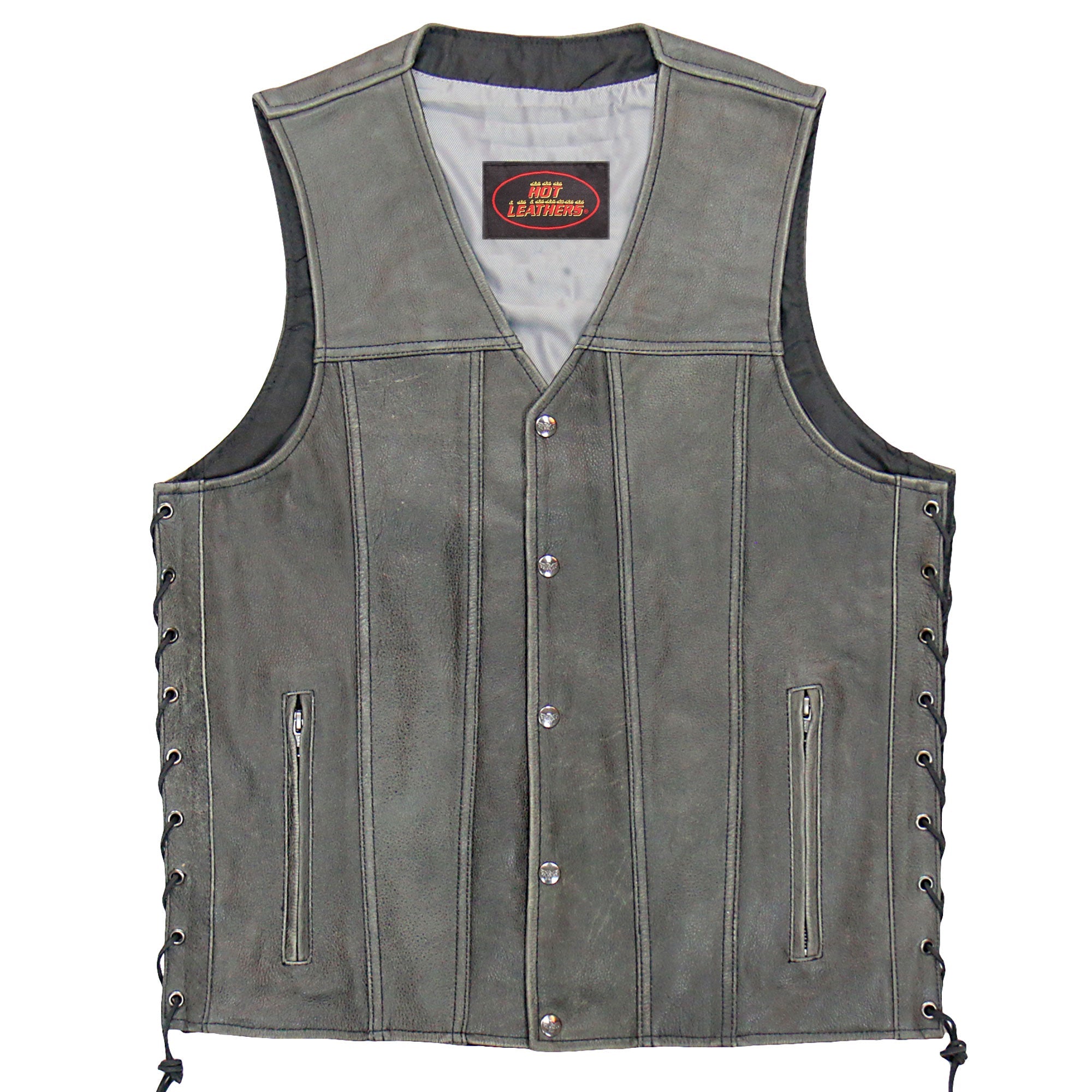 VSM1041 Men's Motorcycle style Rub-Off Grey 'Side Lace' Leather Biker Vest