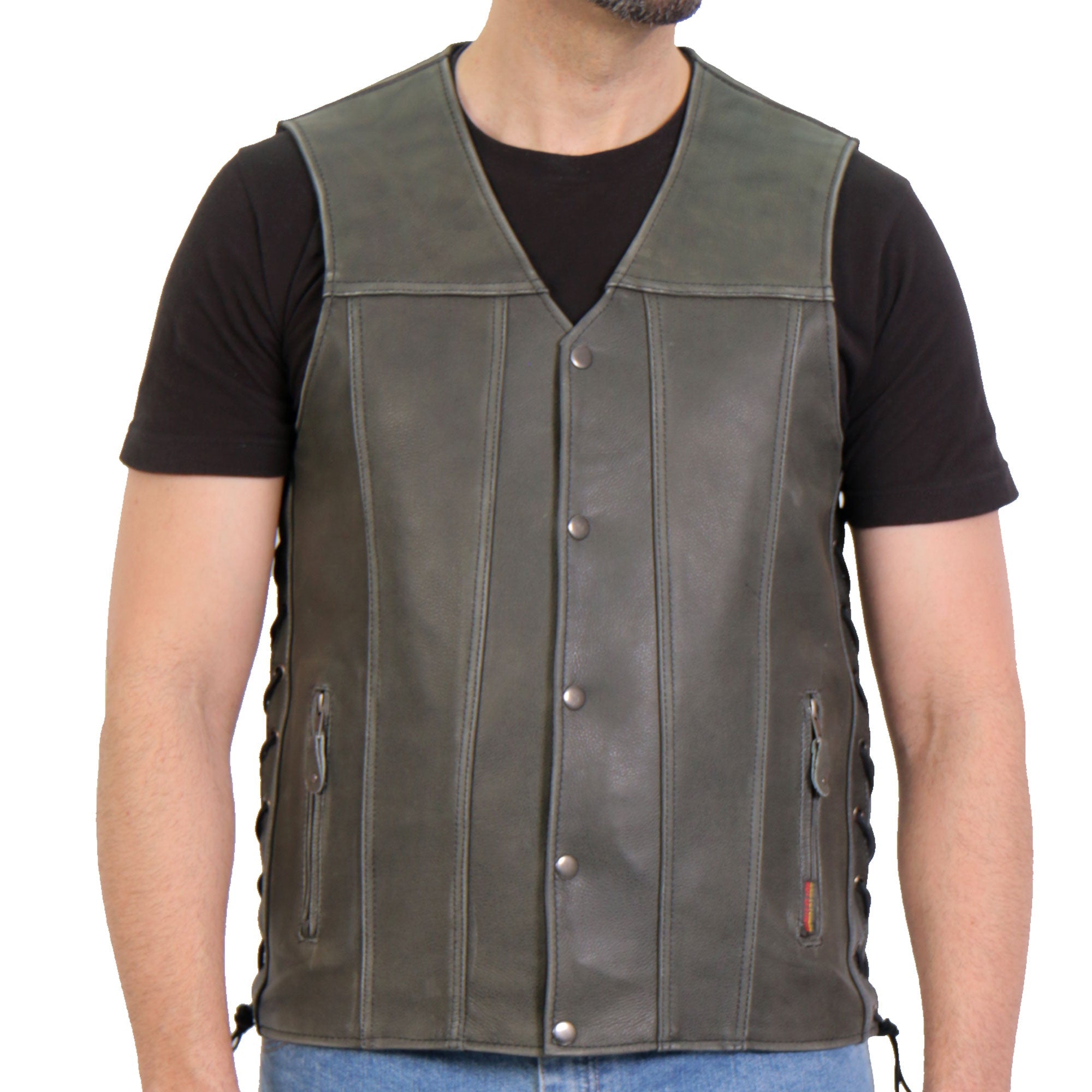 VSM1041 Men's Motorcycle style Rub-Off Grey 'Side Lace' Leather Biker Vest