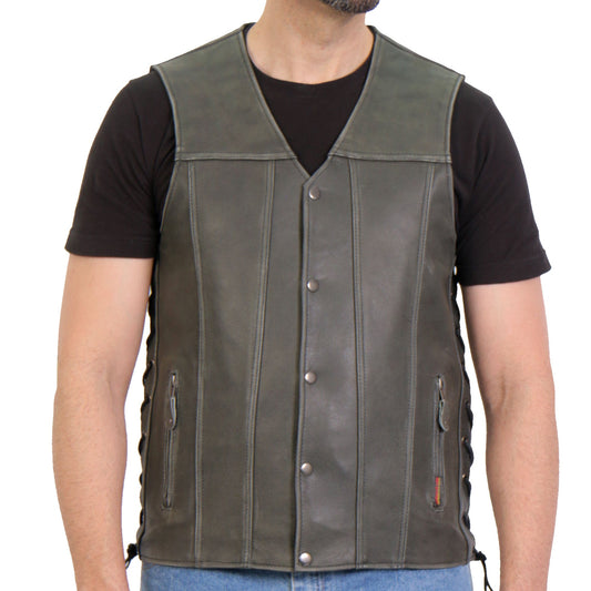 VSM1041 Men's Motorcycle style Rub-Off Grey 'Side Lace' Leather Biker Vest
