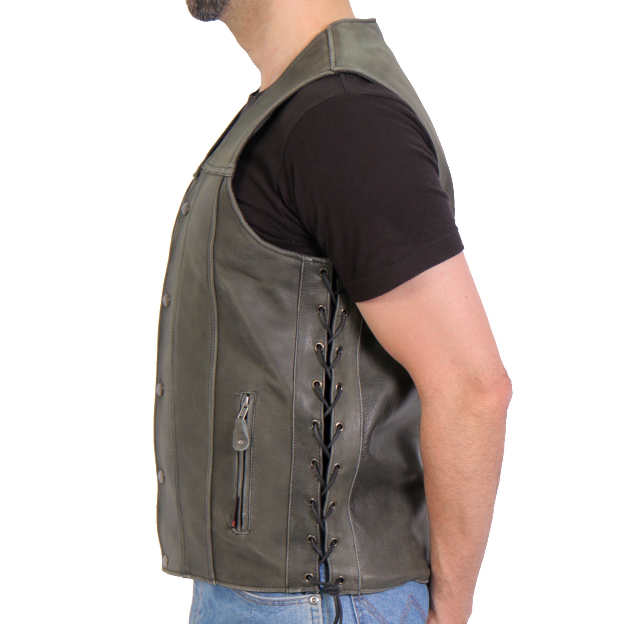 VSM1041 Men's Motorcycle style Rub-Off Grey 'Side Lace' Leather Biker Vest